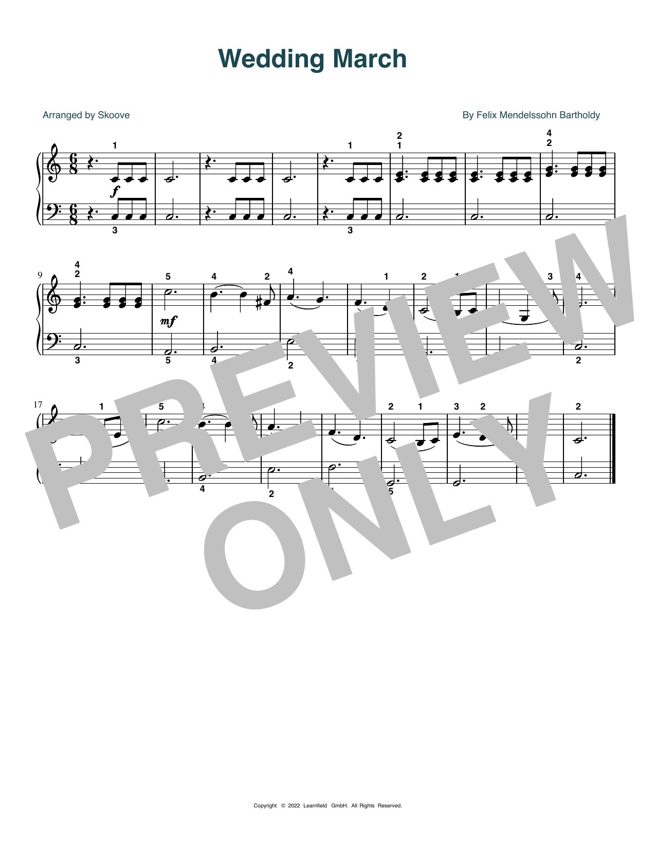 Felix Mendelssohn Bartholdy Wedding March (arr. Skoove) sheet music notes and chords arranged for Beginner Piano (Abridged)