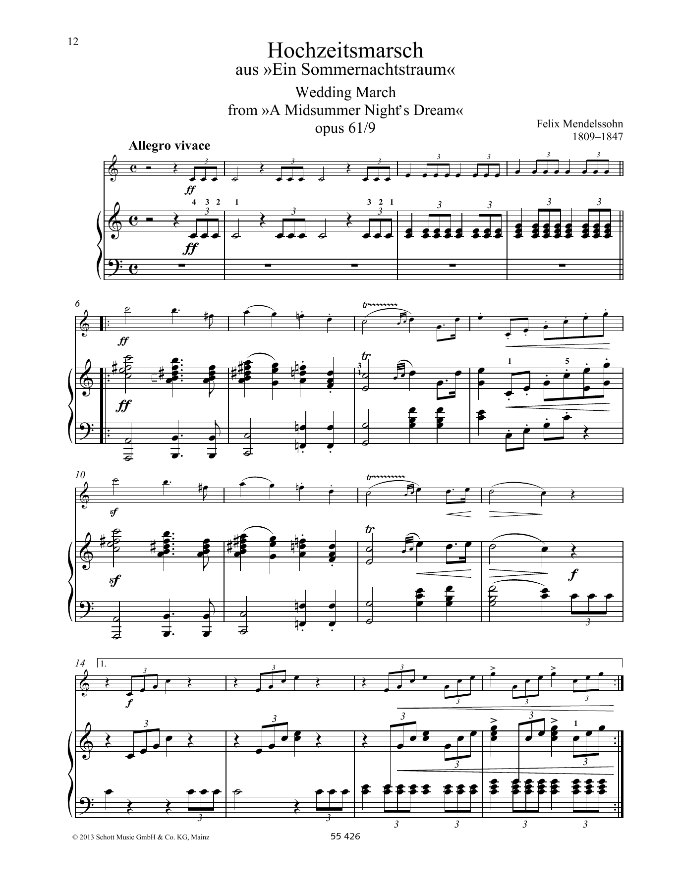 Felix Mendelssohn Bartholdy Wedding March sheet music notes and chords arranged for String Solo