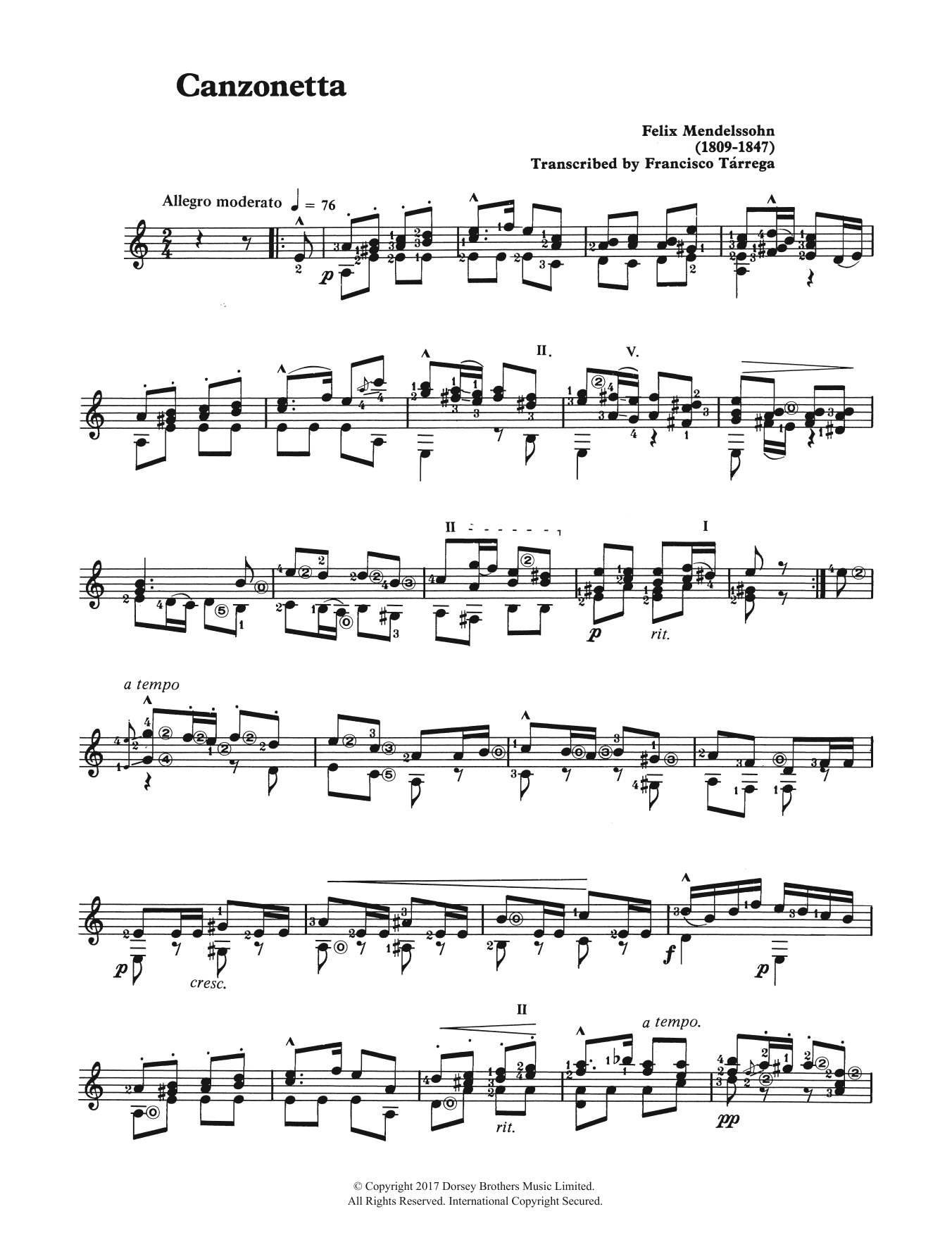 Felix Mendelssohn Canzonetta (from The String Quartet, Op. 12) sheet music notes and chords arranged for Solo Guitar
