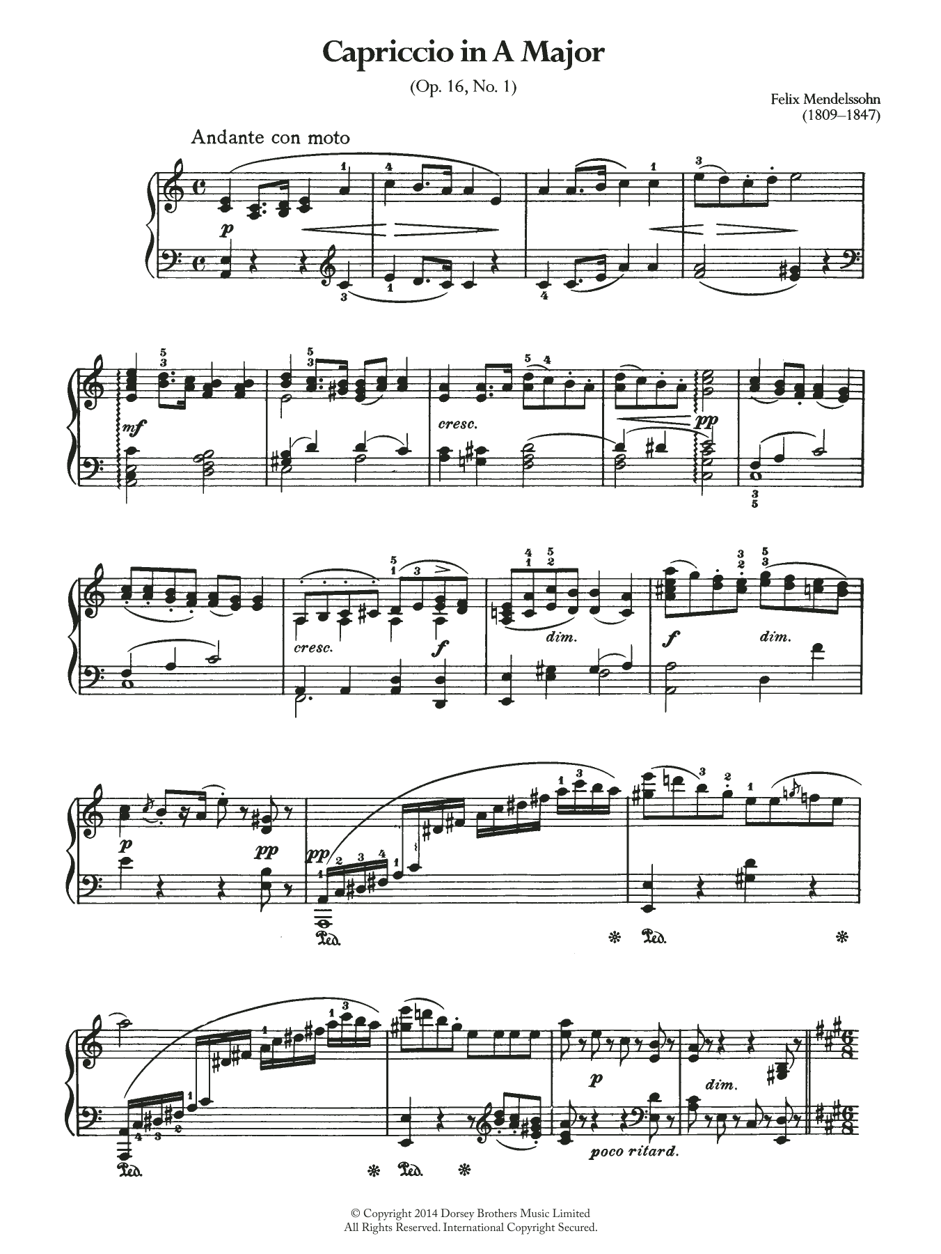 Felix Mendelssohn Capriccio In A Major sheet music notes and chords arranged for Piano Solo