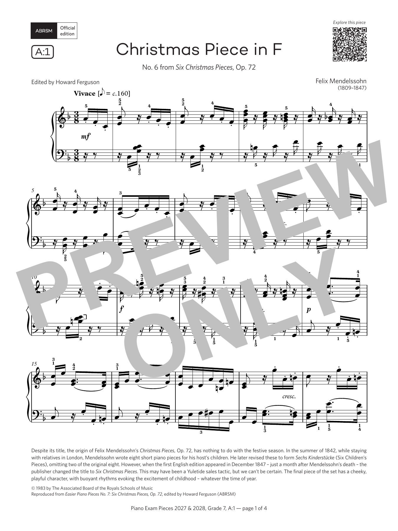 Felix Mendelssohn Christmas Piece in F major (Grade 7, list A1, from the ABRSM Piano Syllabus 2027 & 2028) sheet music notes and chords arranged for Piano Solo