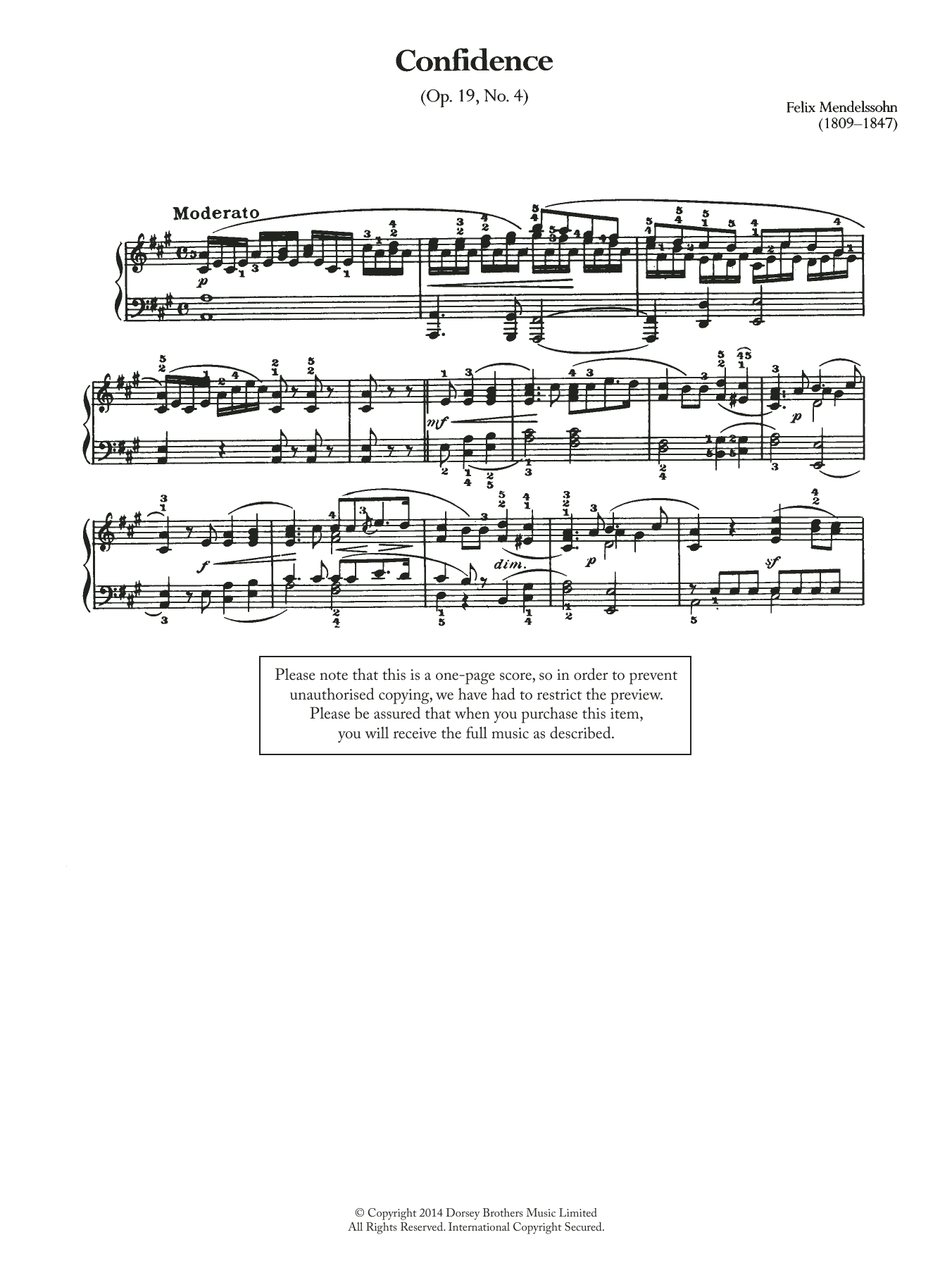 Felix Mendelssohn Confidence Op.19, No.4 sheet music notes and chords arranged for Piano Solo