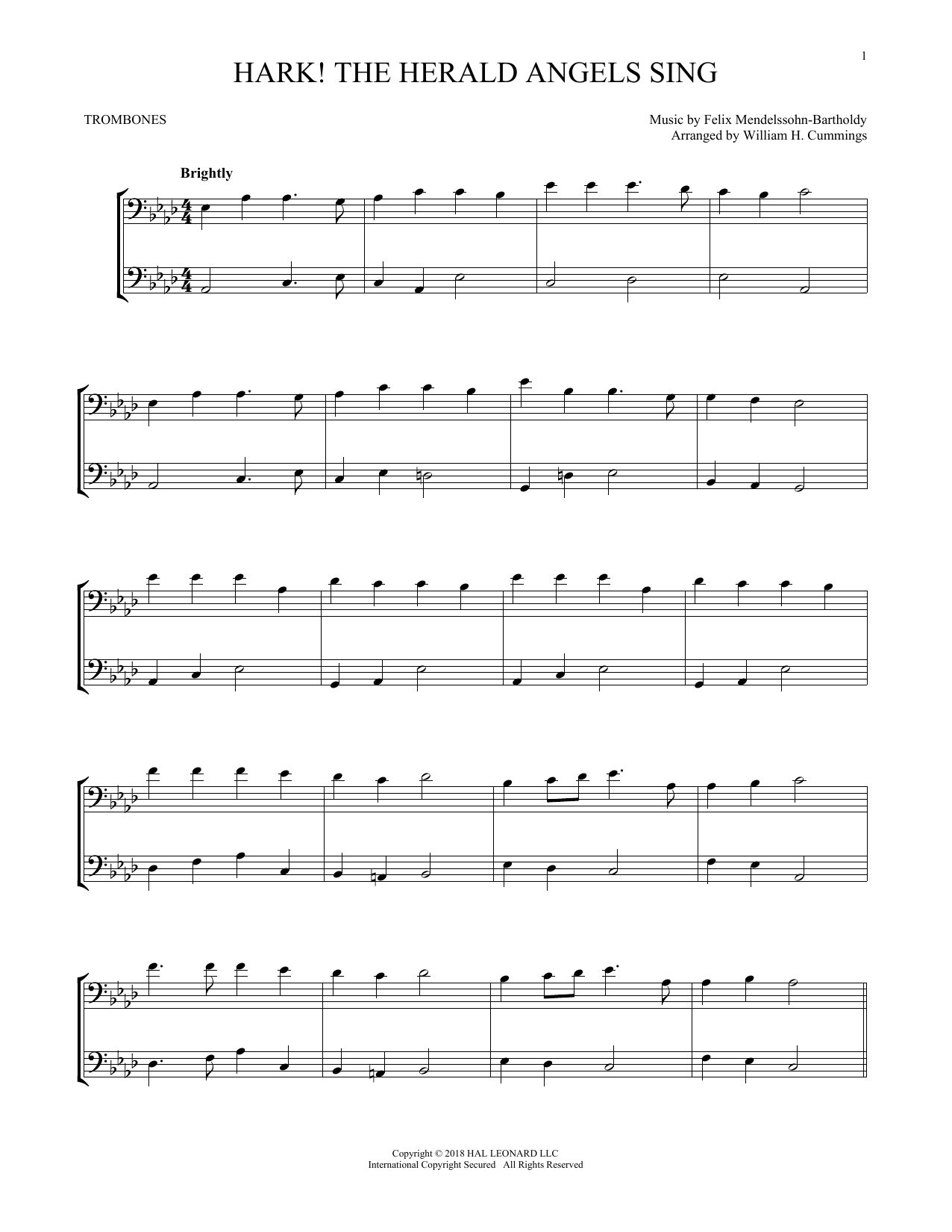 Felix Mendelssohn Hark! The Herald Angels Sing sheet music notes and chords arranged for Trombone Transcription