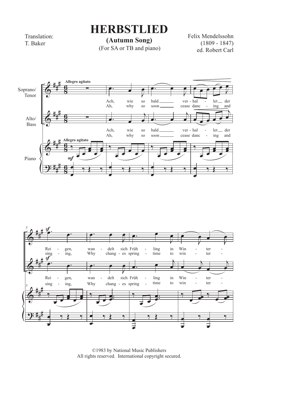 Felix Mendelssohn Herbstlied (Autumn Song) (SA or TB Choir) sheet music notes and chords arranged for 2-Part Choir
