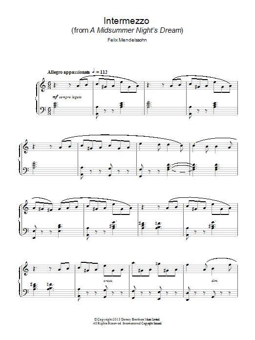 Felix Mendelssohn Intermezzo (from a Midsummer Night's Dream) sheet music notes and chords arranged for Piano Solo