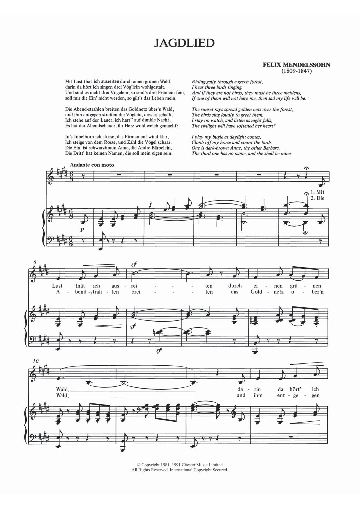 Felix Mendelssohn Jagdlied sheet music notes and chords arranged for Piano & Vocal