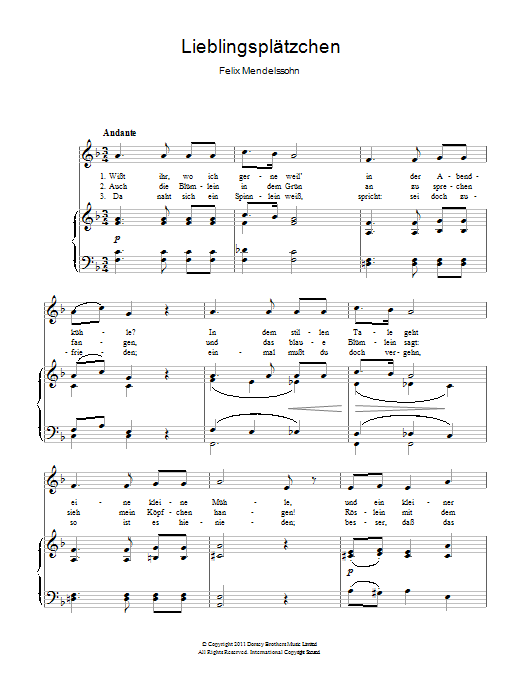 Felix Mendelssohn Lieblingsplatzchen sheet music notes and chords arranged for Piano & Vocal