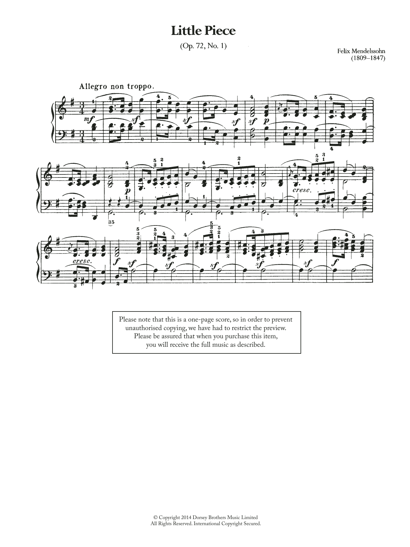 Felix Mendelssohn Little Piece, Op.72 No.1 sheet music notes and chords arranged for Piano Solo