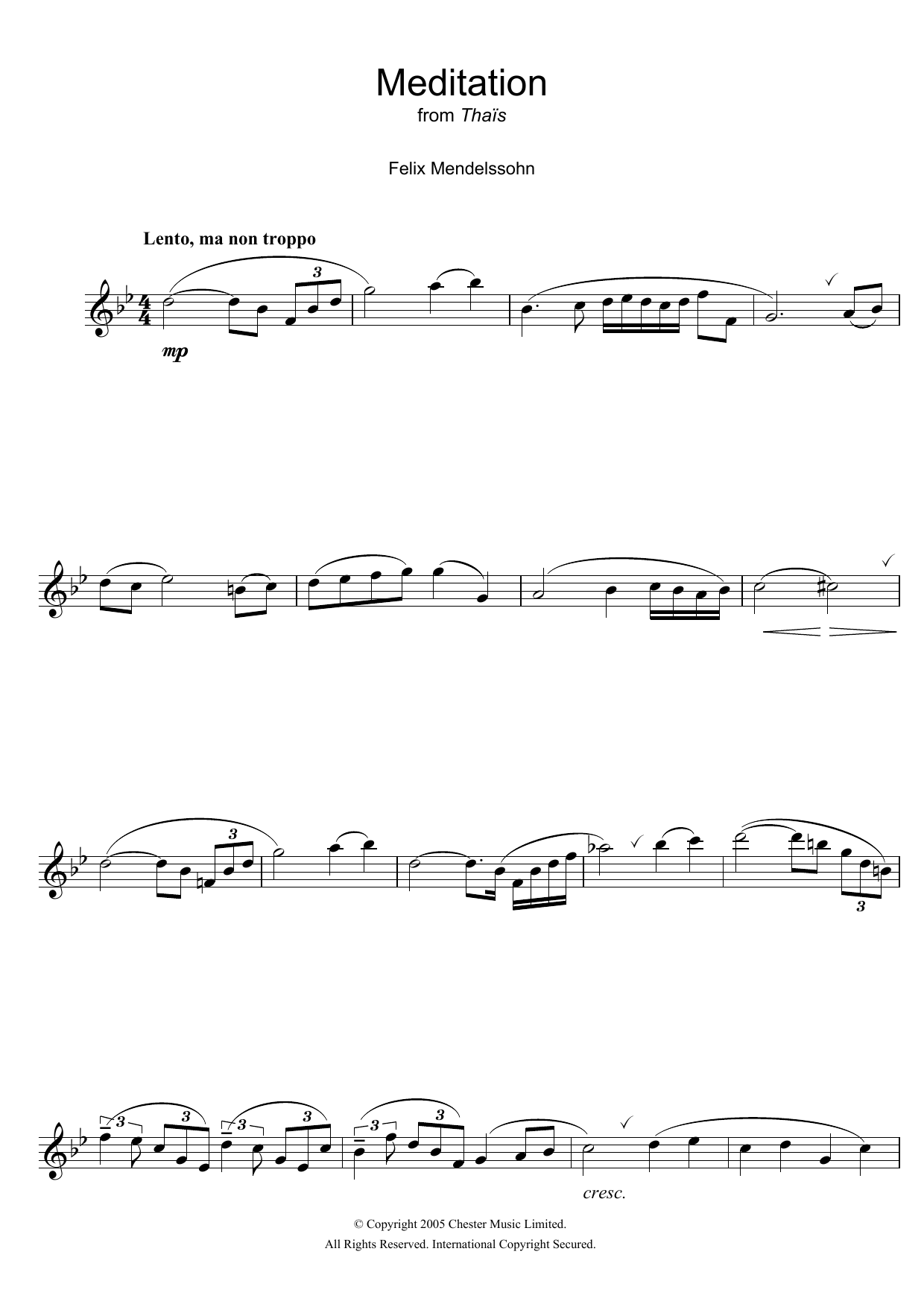 Felix Mendelssohn Meditation From Thais sheet music notes and chords arranged for Flute Solo