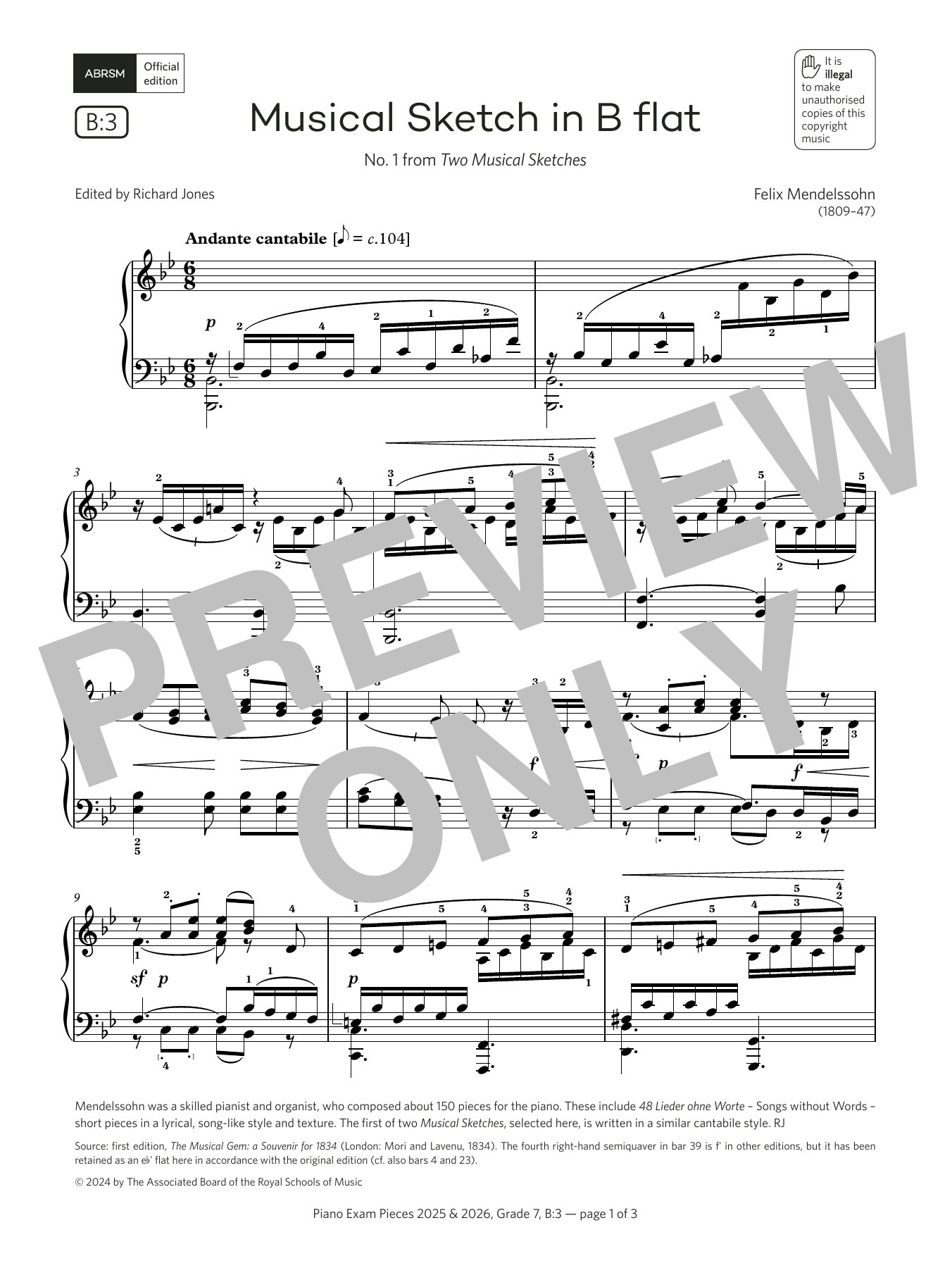 Felix Mendelssohn Musical Sketch in B flat (Grade 7, list B3, from the ABRSM Piano Syllabus 2025 & 2026) sheet music notes and chords arranged for Piano Solo