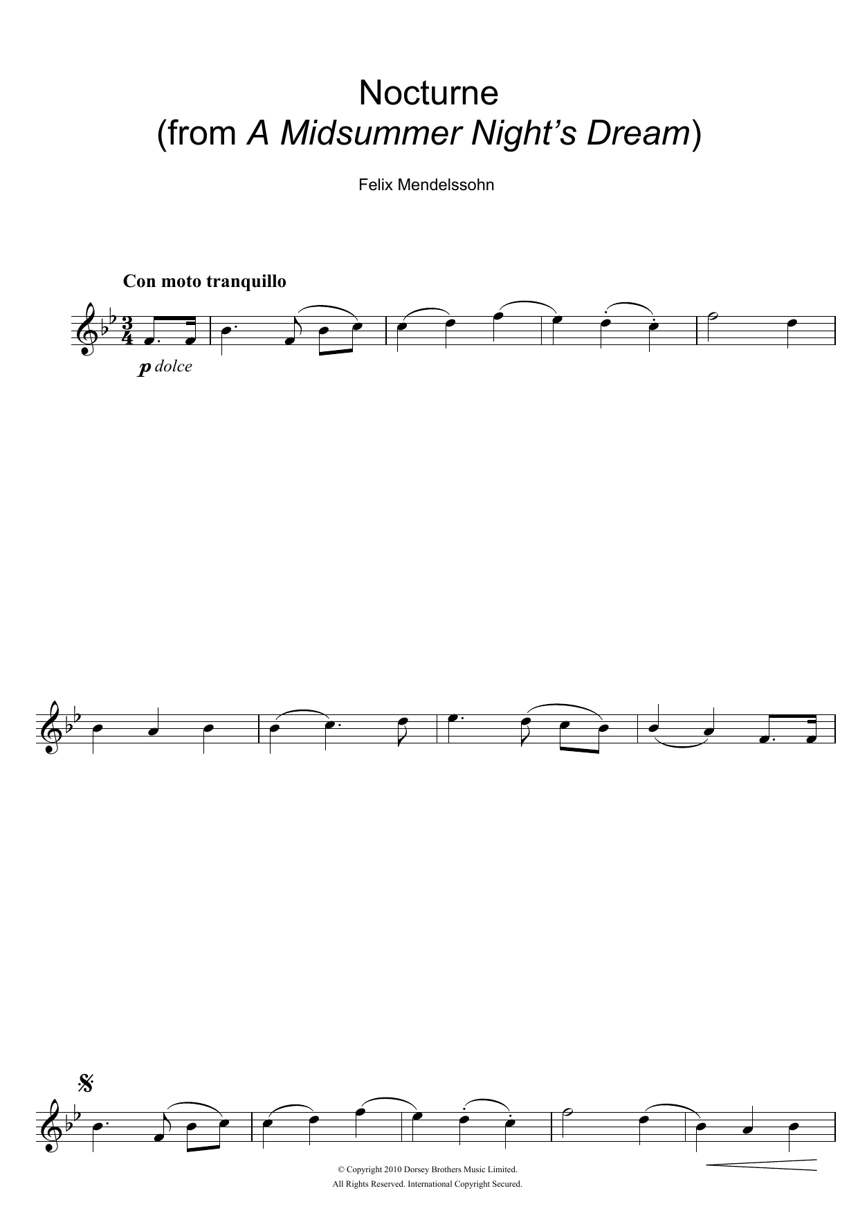 Felix Mendelssohn Nocturne (from A Midsummer Night's Dream) sheet music notes and chords arranged for Flute Solo