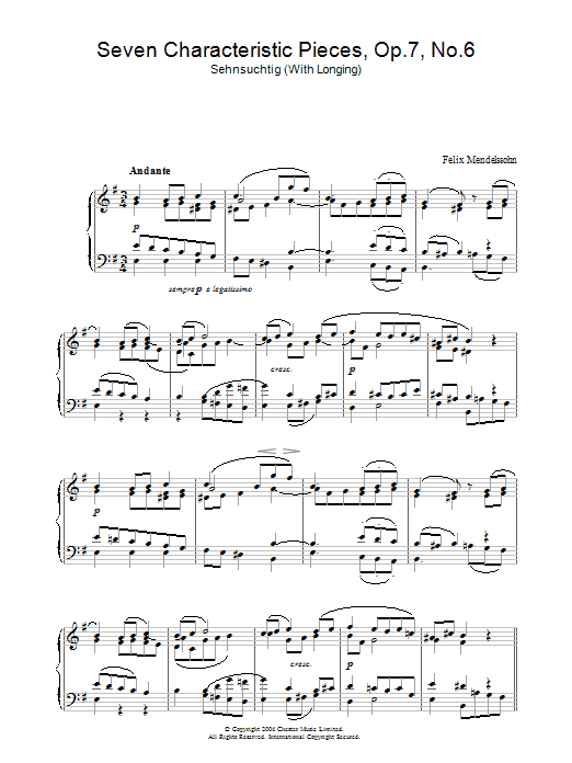 Felix Mendelssohn Seven Characteristic Pieces, Op.7, No.6 sheet music notes and chords arranged for Piano Solo