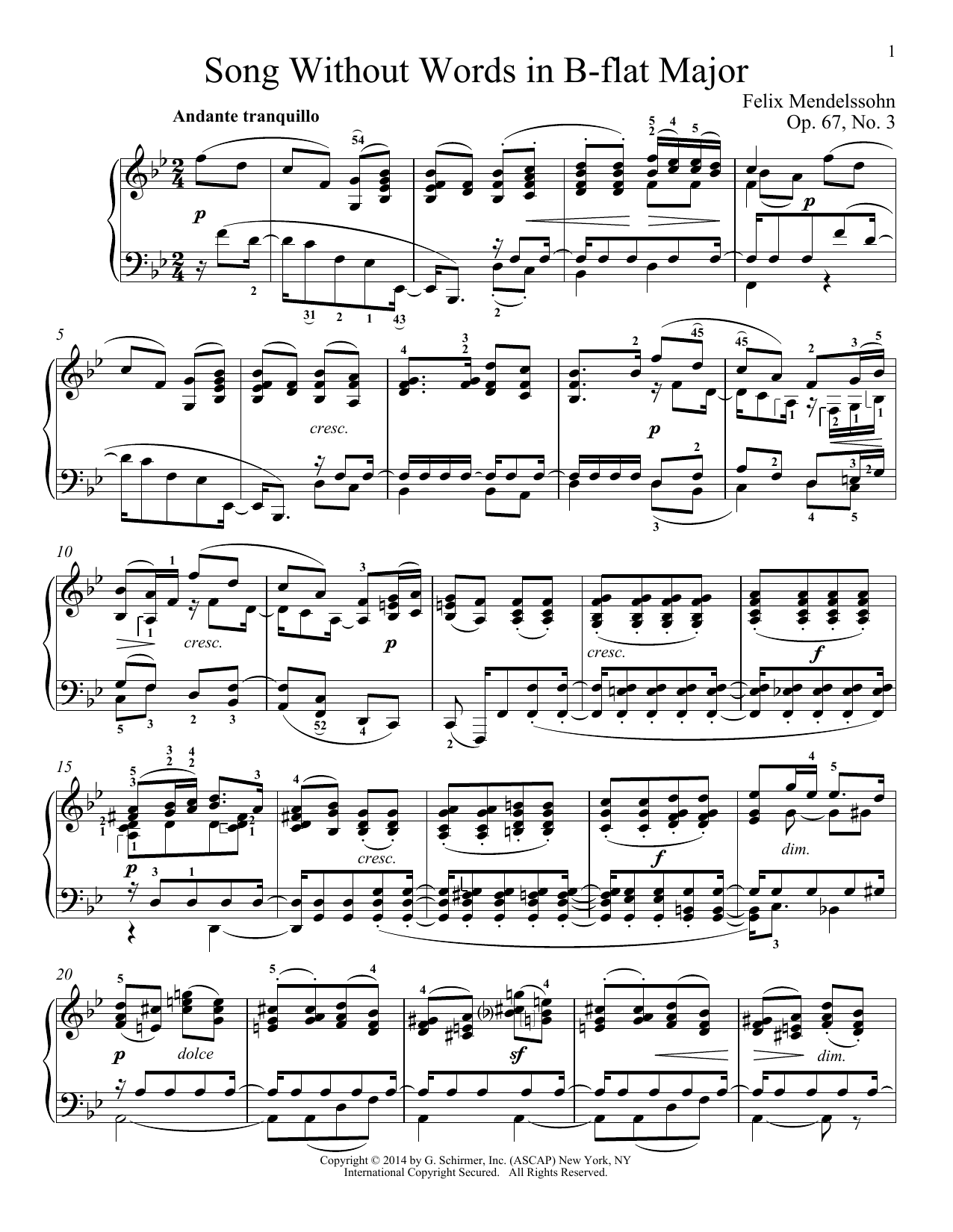 Felix Mendelssohn Song Without Words In B-Flat Major, Op. 67, No. 3 sheet music notes and chords arranged for Piano Solo