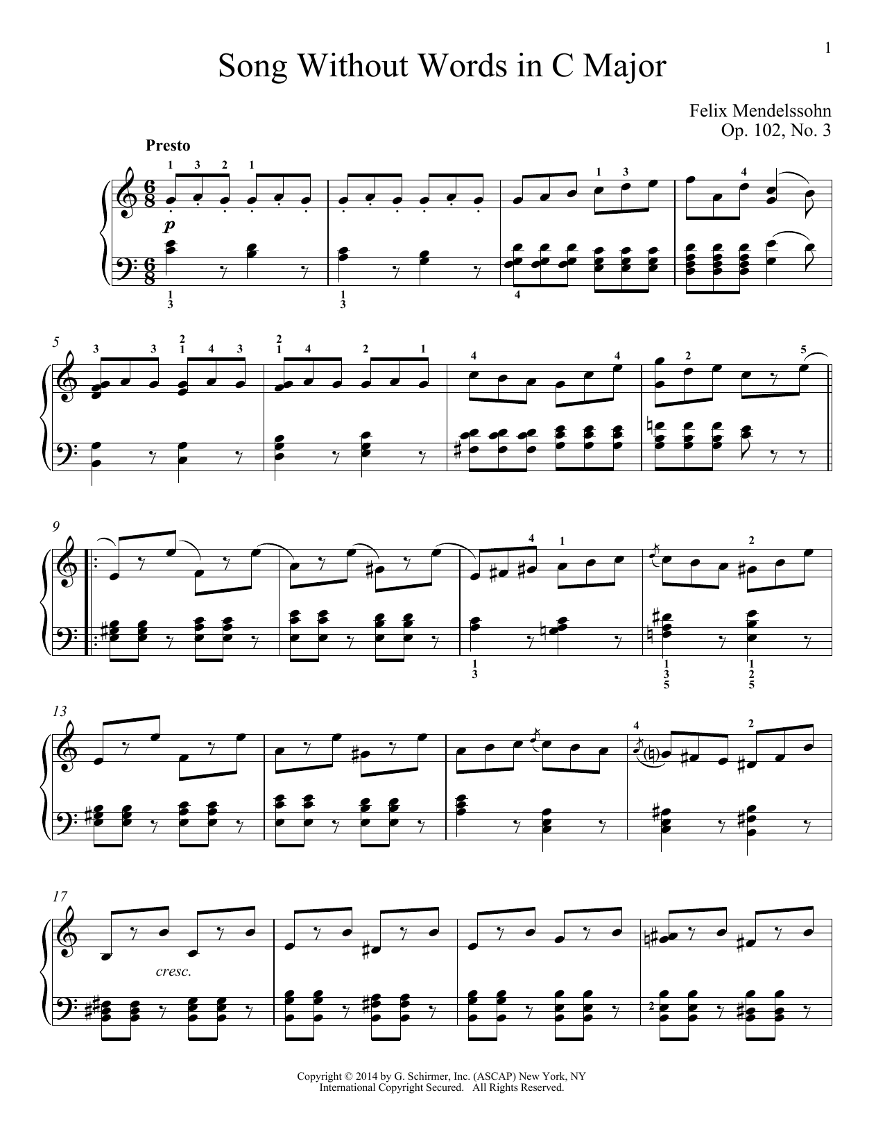 Felix Mendelssohn Song Without Words In C Major, Op. 102, No. 3 sheet music notes and chords arranged for Piano Solo