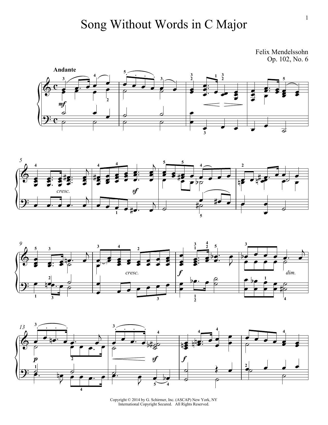 Felix Mendelssohn Song Without Words In C Major, Op. 102, No. 6 sheet music notes and chords arranged for Piano Solo