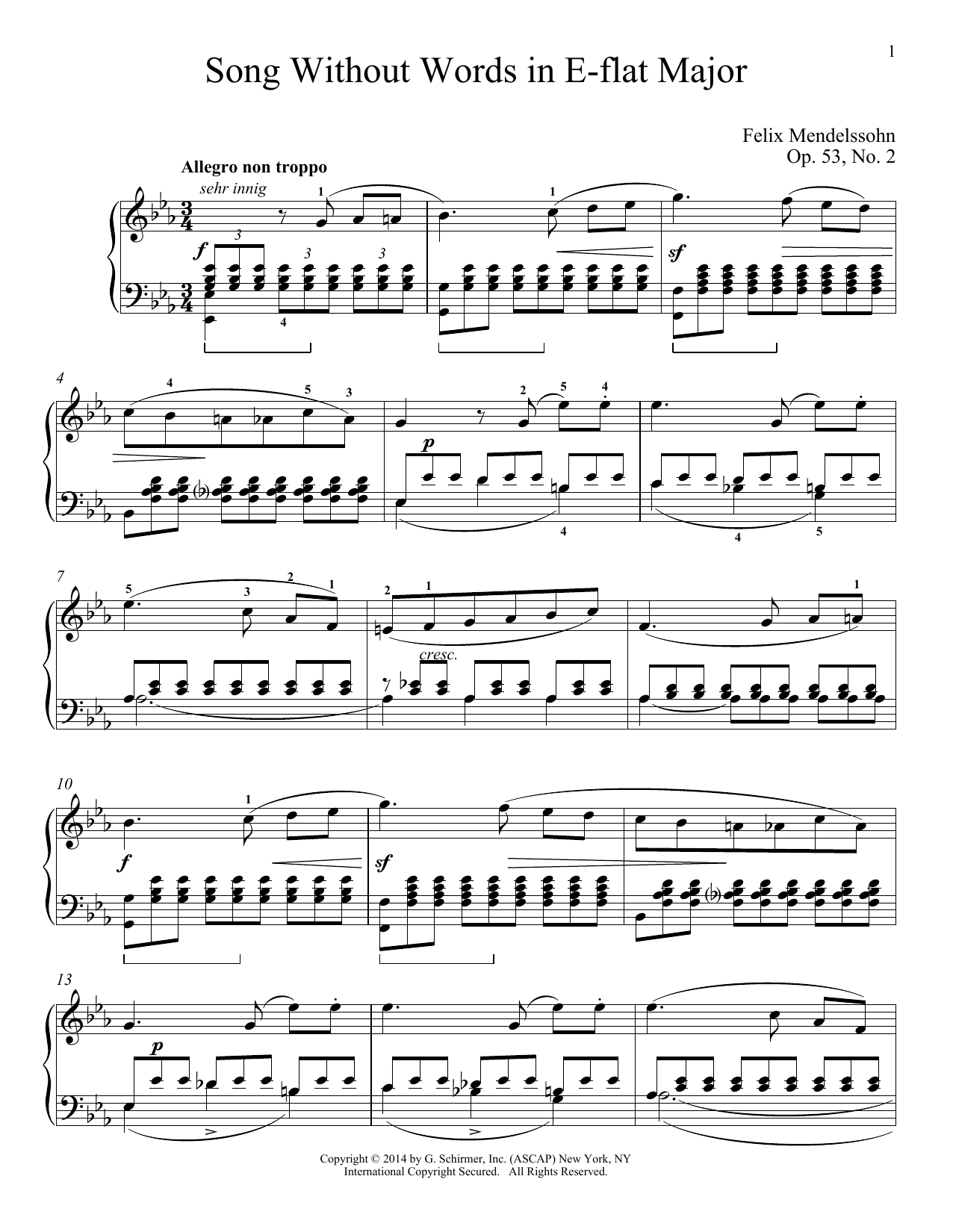 Felix Mendelssohn Song Without Words In E-Flat Major, Op. 53, No. 2 sheet music notes and chords arranged for Piano Solo
