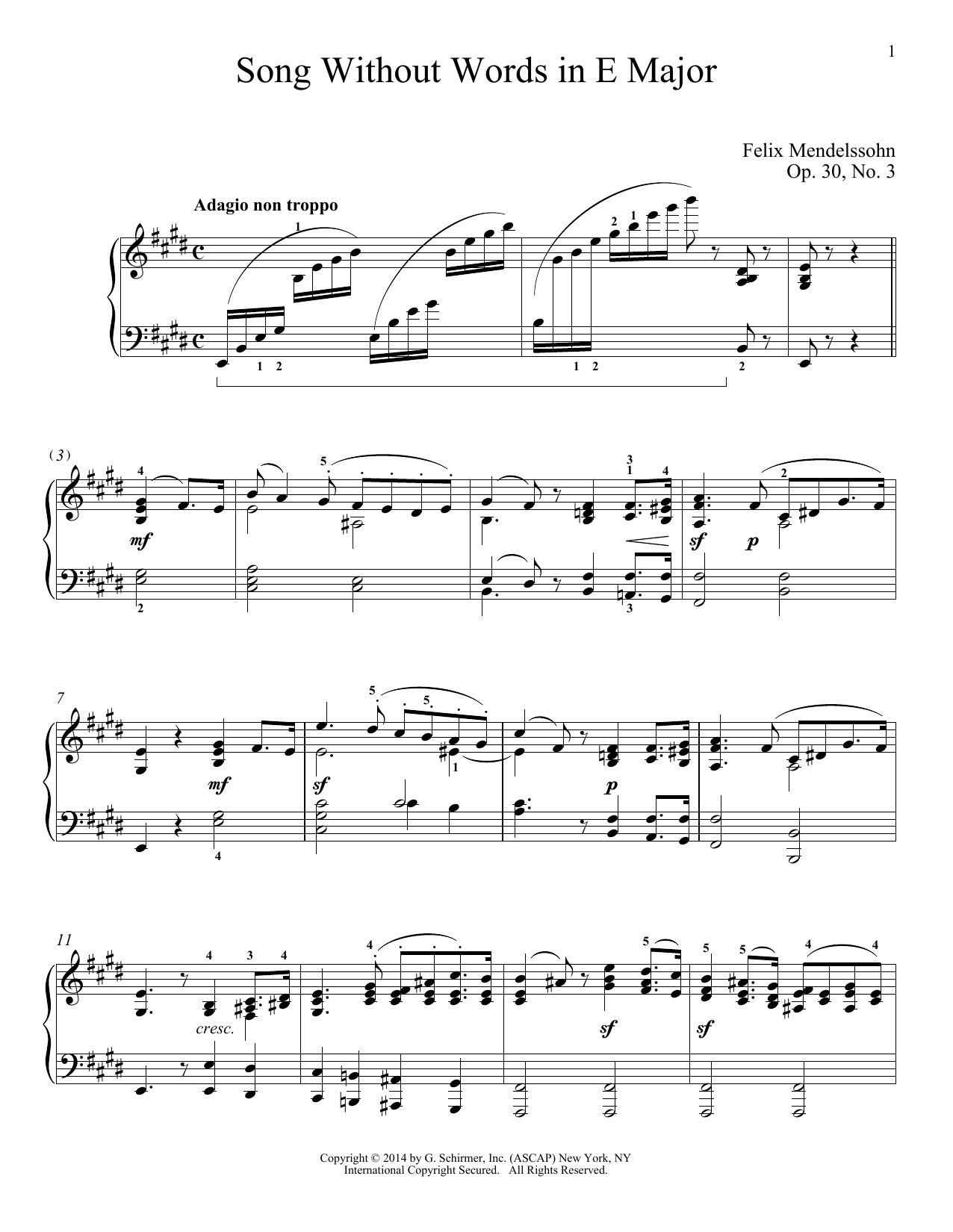 Felix Mendelssohn Song Without Words In E Major, Op. 30, No. 3 sheet music notes and chords arranged for Piano Solo