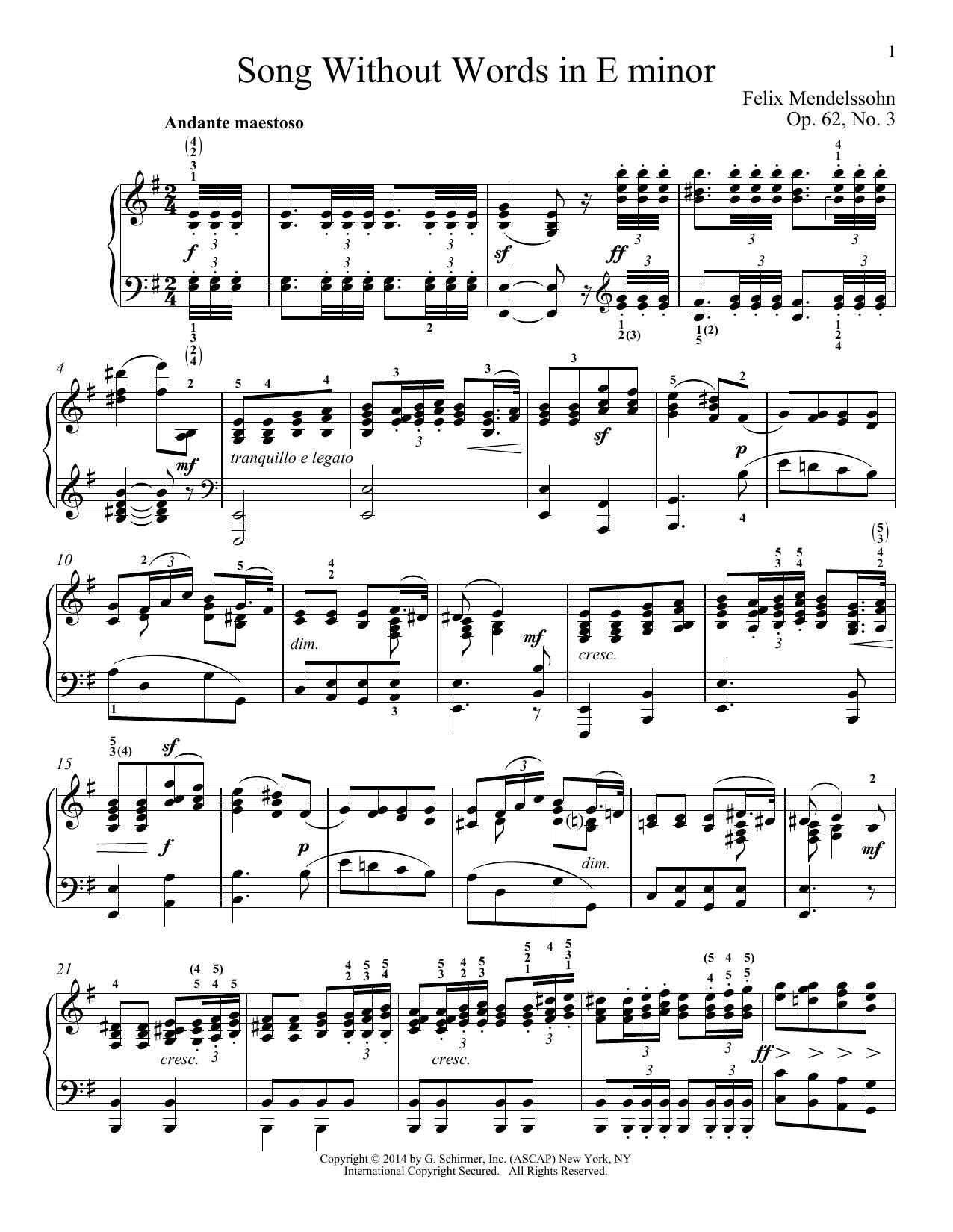 Felix Mendelssohn Song Without Words In E Minor, Op. 52, No. 3 sheet music notes and chords arranged for Piano Solo