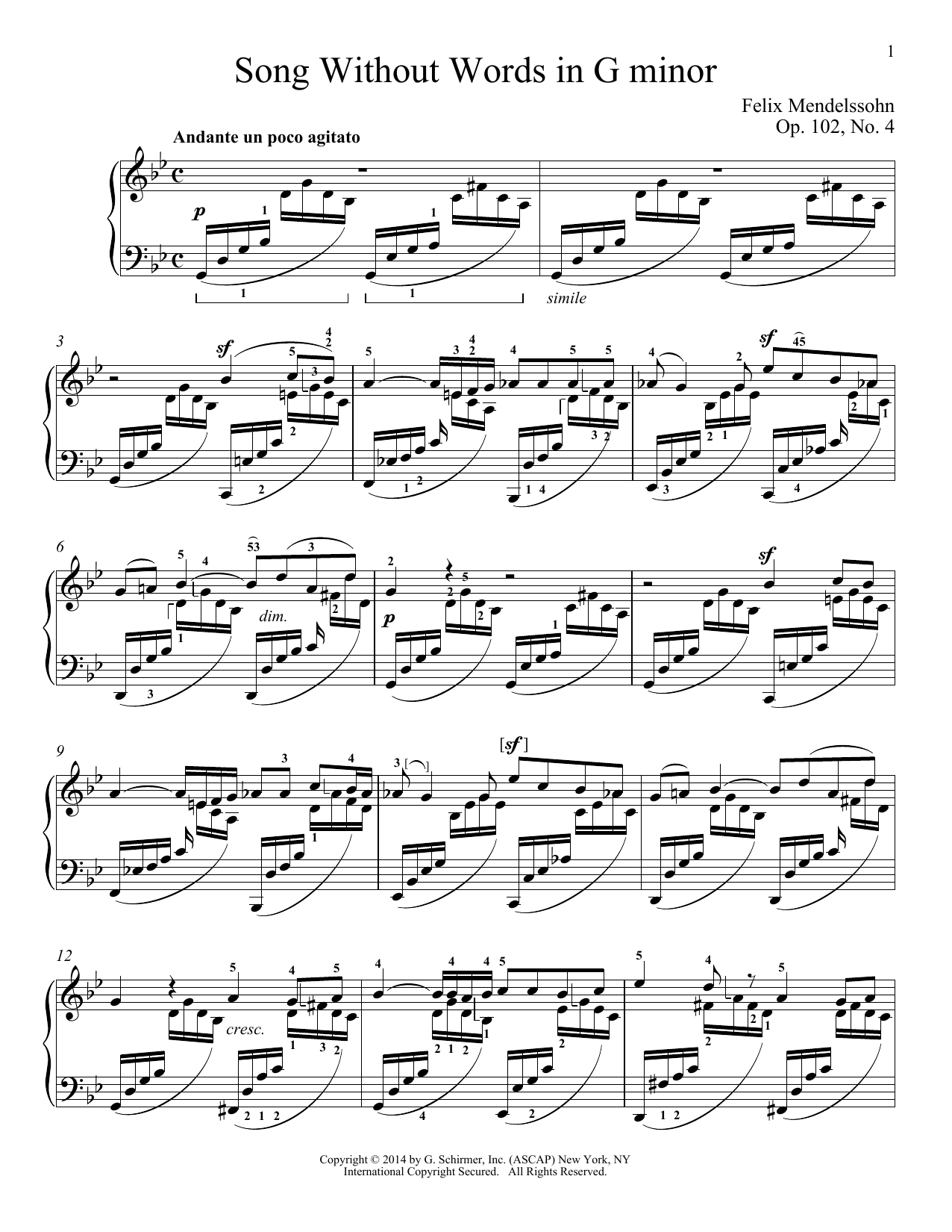 Felix Mendelssohn Song Without Words In G Minor, Op. 102, No. 4 sheet music notes and chords arranged for Piano Solo