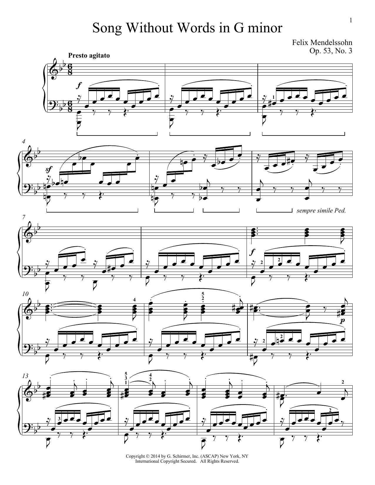 Felix Mendelssohn Song Without Words In G Minor, Op. 53, No. 3 sheet music notes and chords arranged for Piano Solo