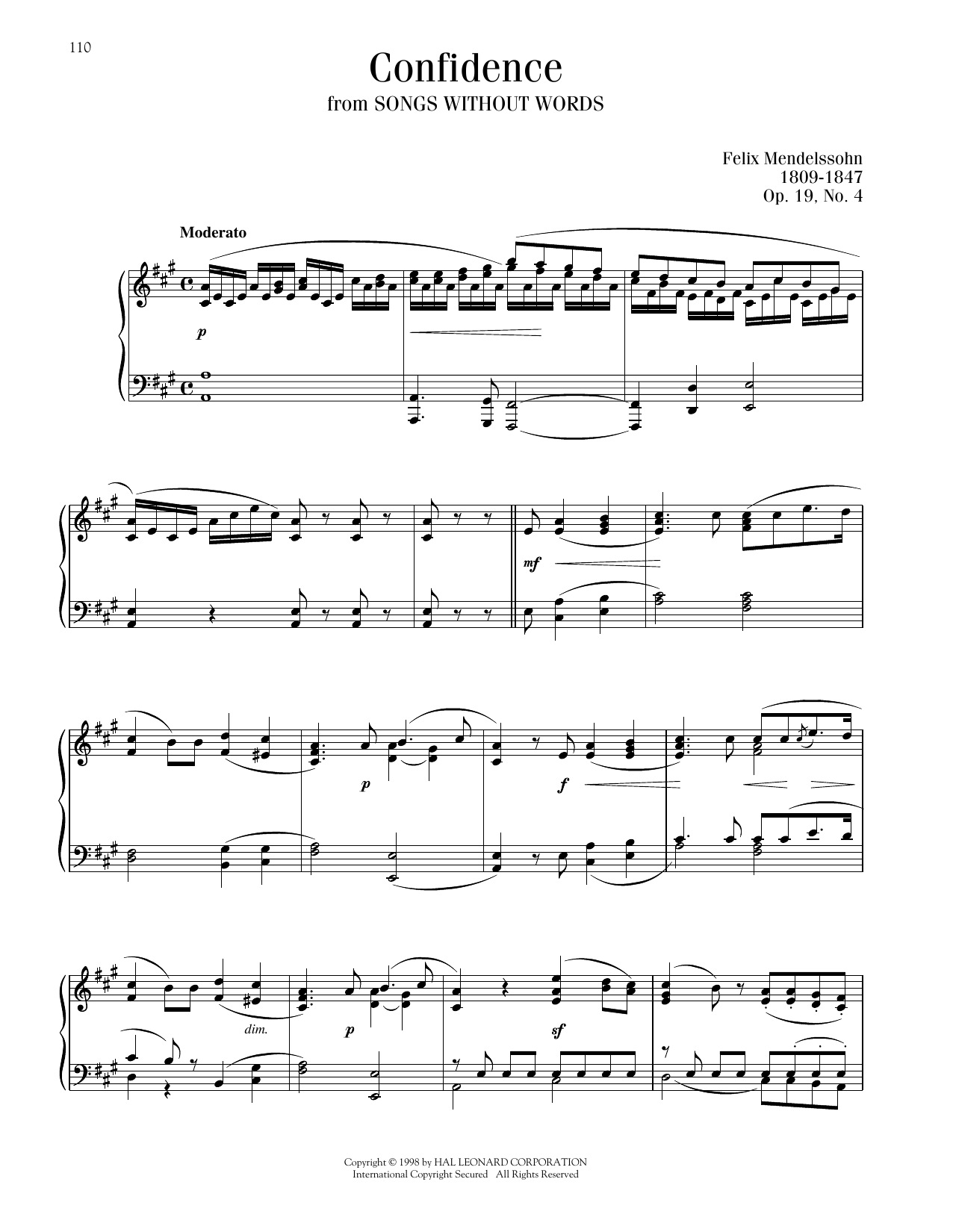 Felix Mendelssohn Song Without Words, Op. 19, No. 4 sheet music notes and chords arranged for Piano Solo