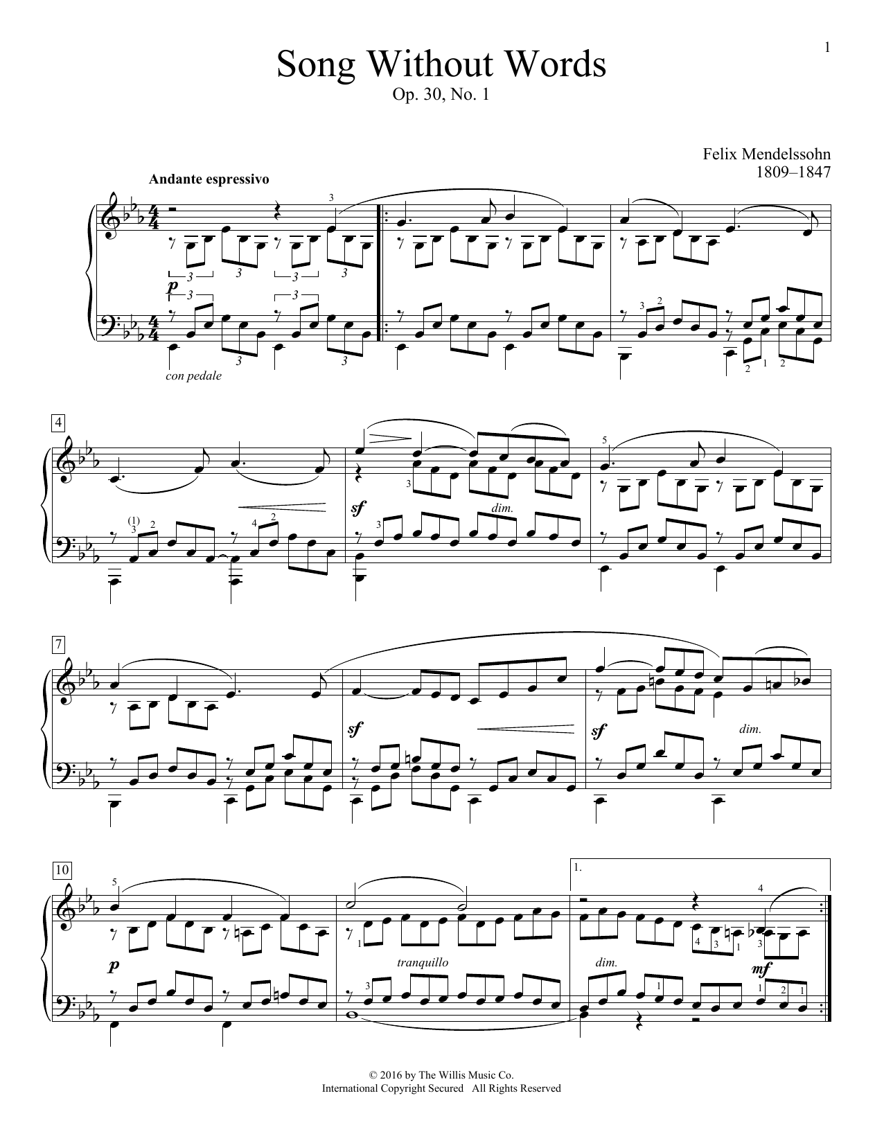 Felix Mendelssohn Song Without Words, Op. 30, No. 1 sheet music notes and chords arranged for Educational Piano