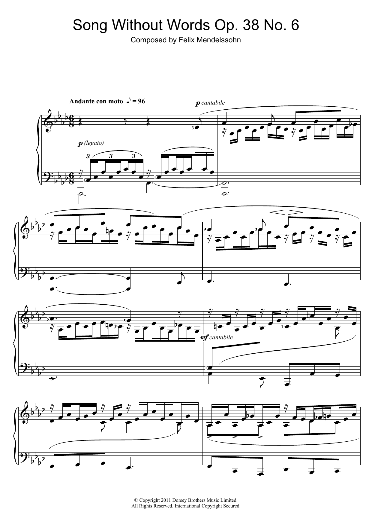 Felix Mendelssohn Song Without Words, Op. 38, No. 6 'Duetto' sheet music notes and chords arranged for Piano Solo