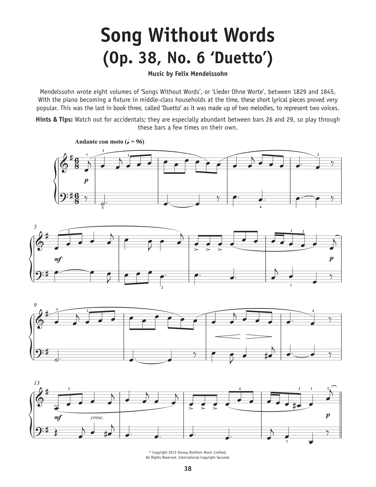 Felix Mendelssohn Song Without Words, Op. 38, No. 6 sheet music notes and chords arranged for Really Easy Piano