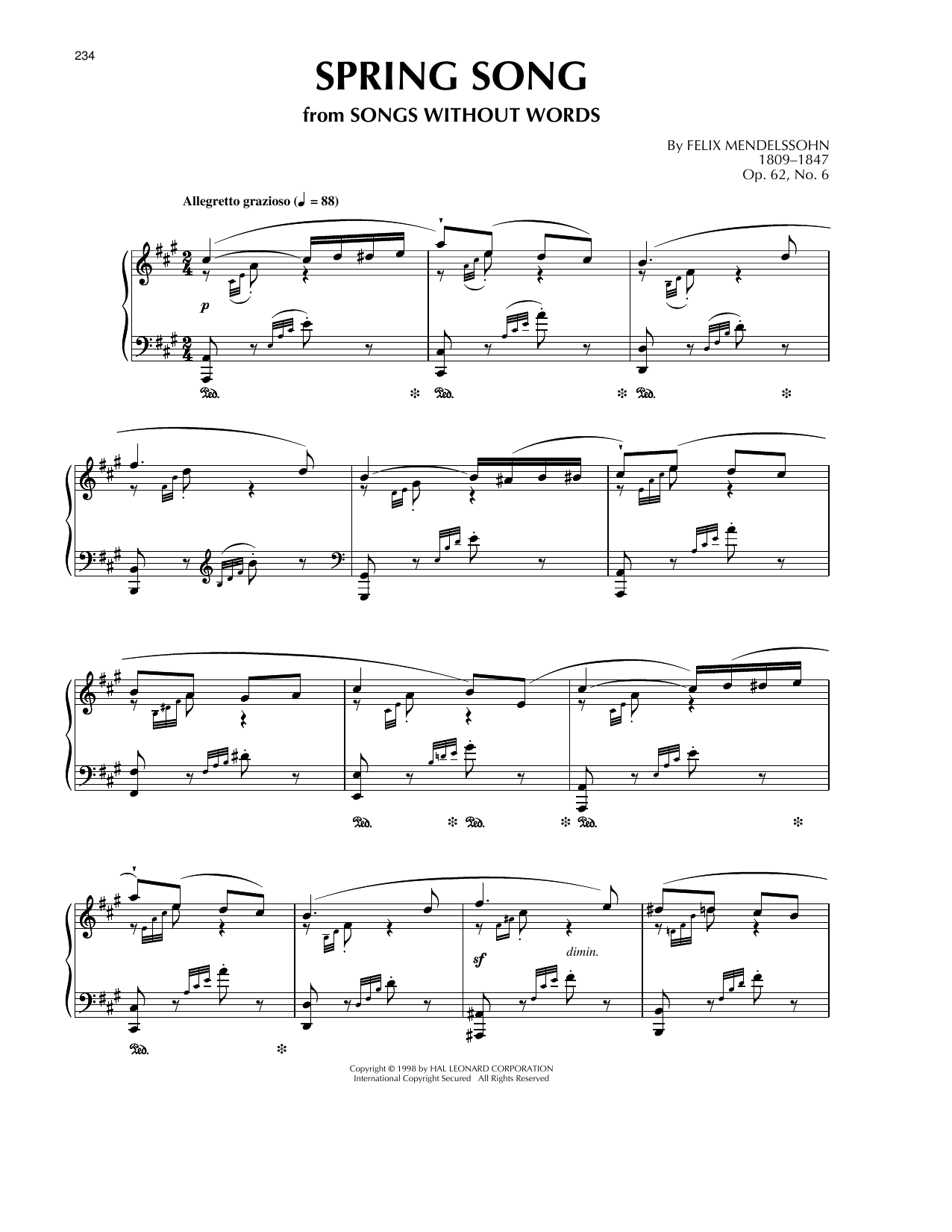 Felix Mendelssohn Song Without Words, Op. 62, No. 6 sheet music notes and chords arranged for Piano Solo