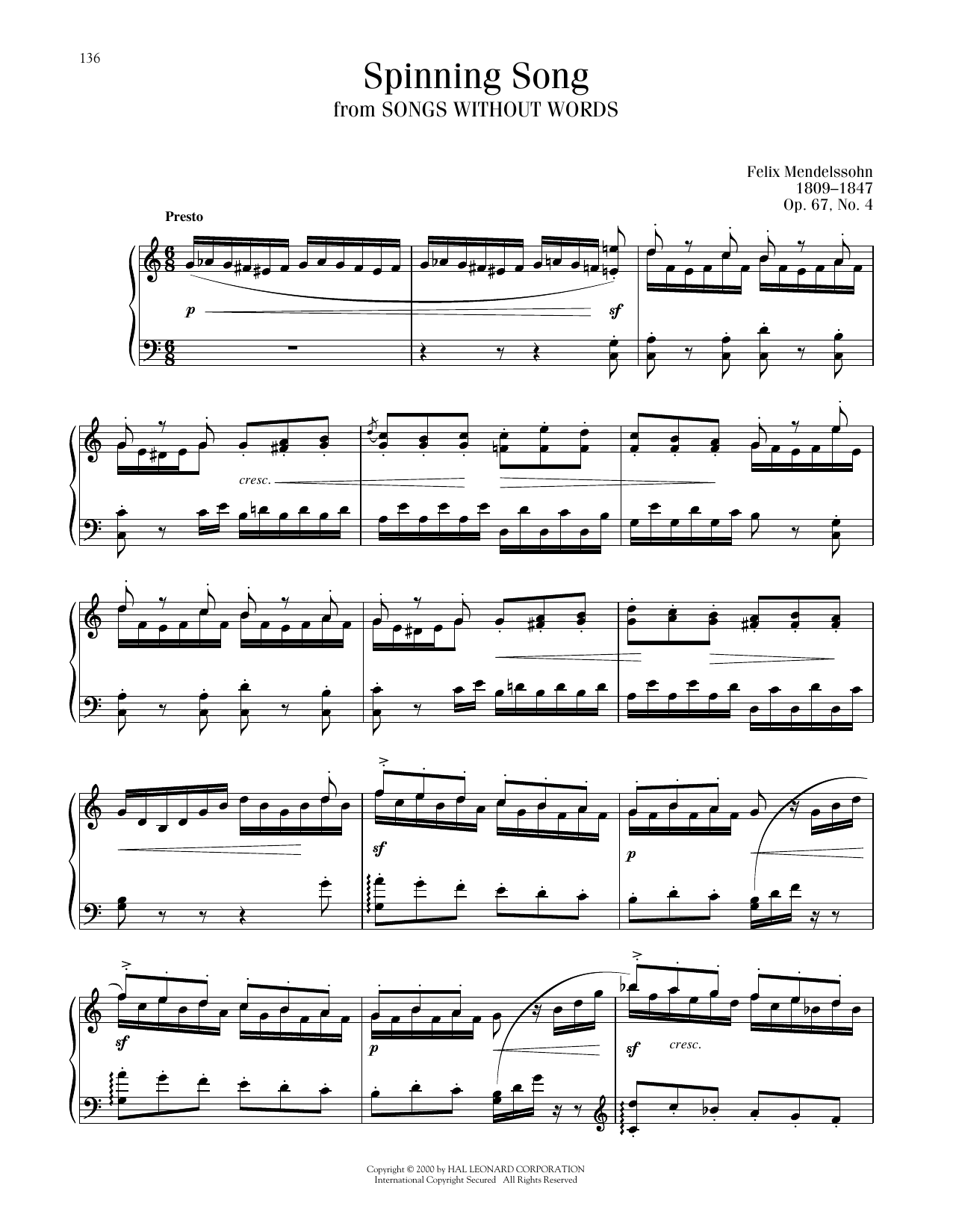 Felix Mendelssohn Spinning Song sheet music notes and chords arranged for Piano Solo