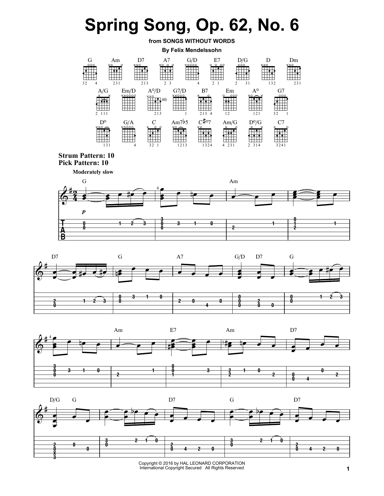 Felix Mendelssohn Spring Song, Op. 62, No. 6 sheet music notes and chords arranged for Easy Guitar Tab