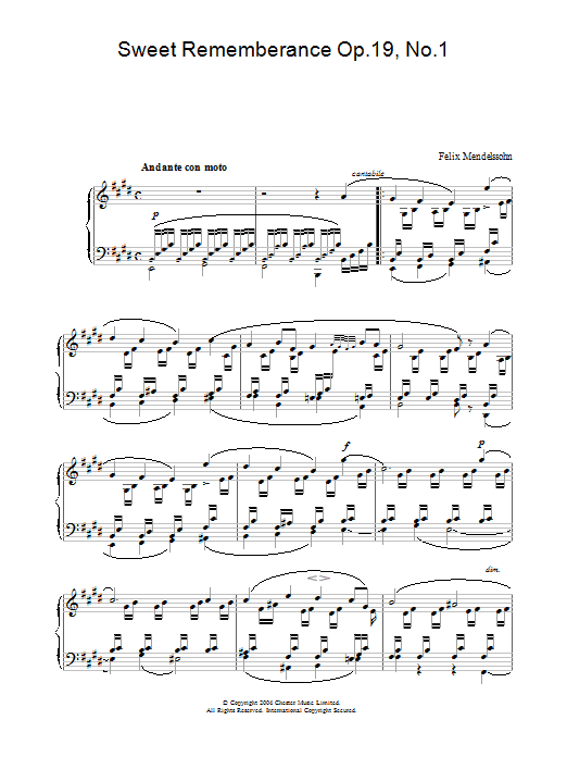 Felix Mendelssohn Sweet Rememberance Op.19, No.1 sheet music notes and chords arranged for Piano Solo