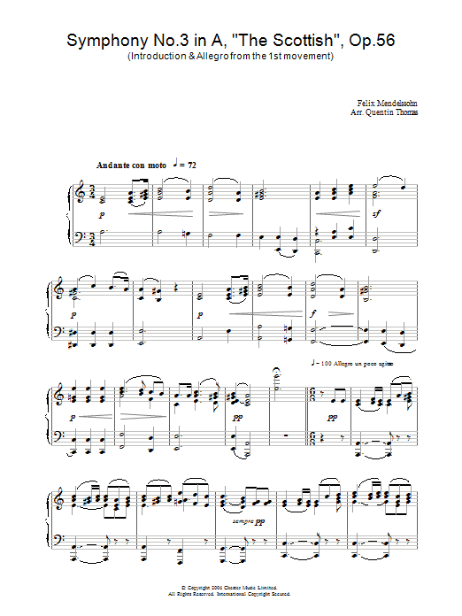 Felix Mendelssohn Symphony No.3 in A, 'The Scottish', Op.56 (Introduction & Allegro from the 1st movement) sheet music notes and chords arranged for Piano Solo