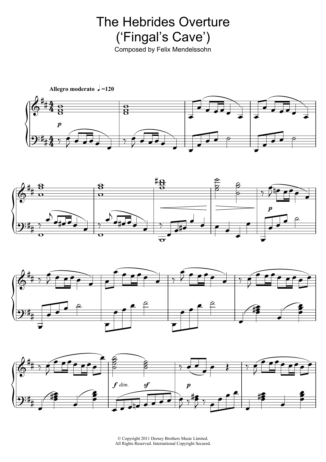 Felix Mendelssohn The Hebrides Overture (Fingal's Cave) sheet music notes and chords arranged for Piano Solo