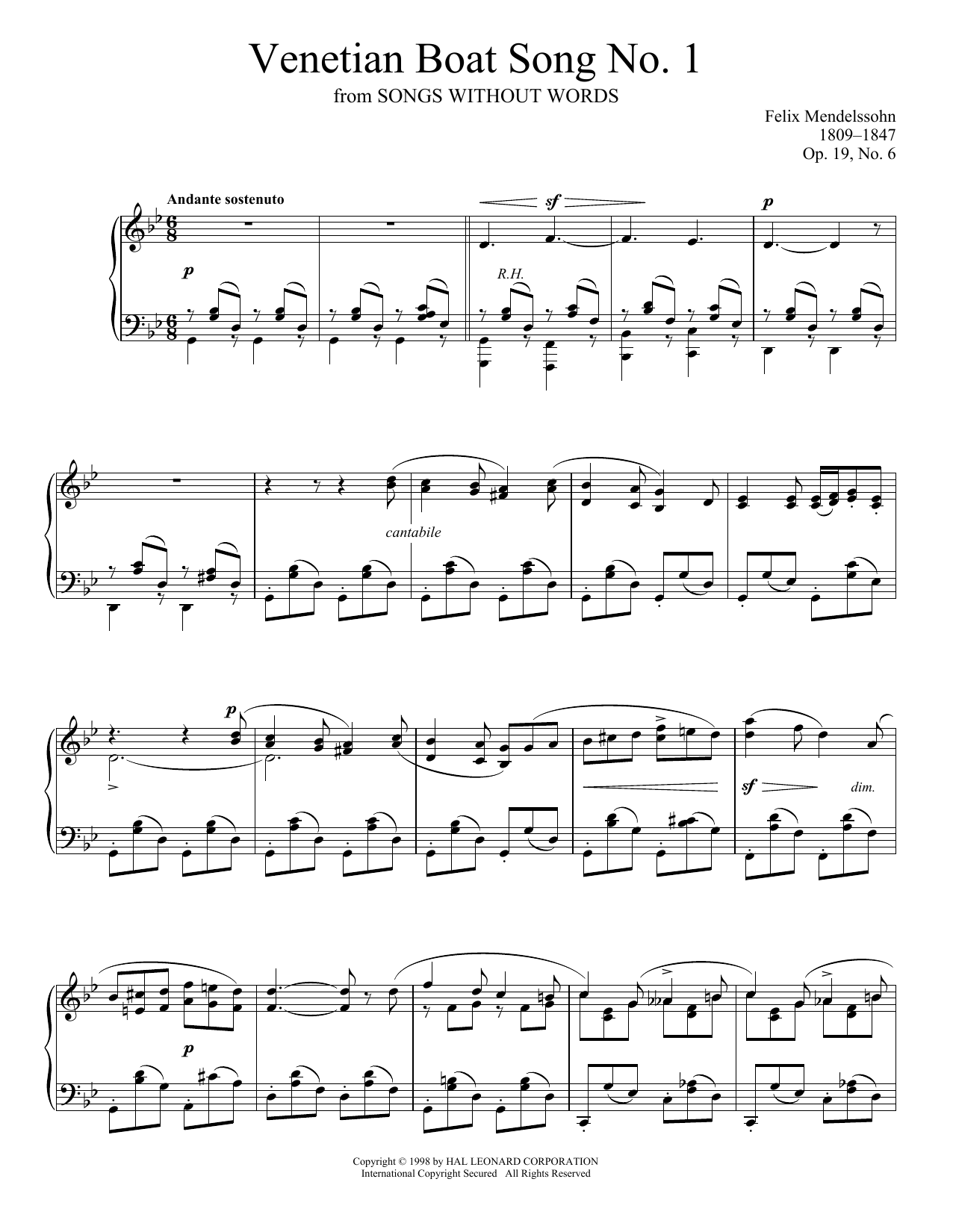 Felix Mendelssohn Venetian Boat Song No. 1, Op. 19, No. 6 sheet music notes and chords arranged for Piano Solo
