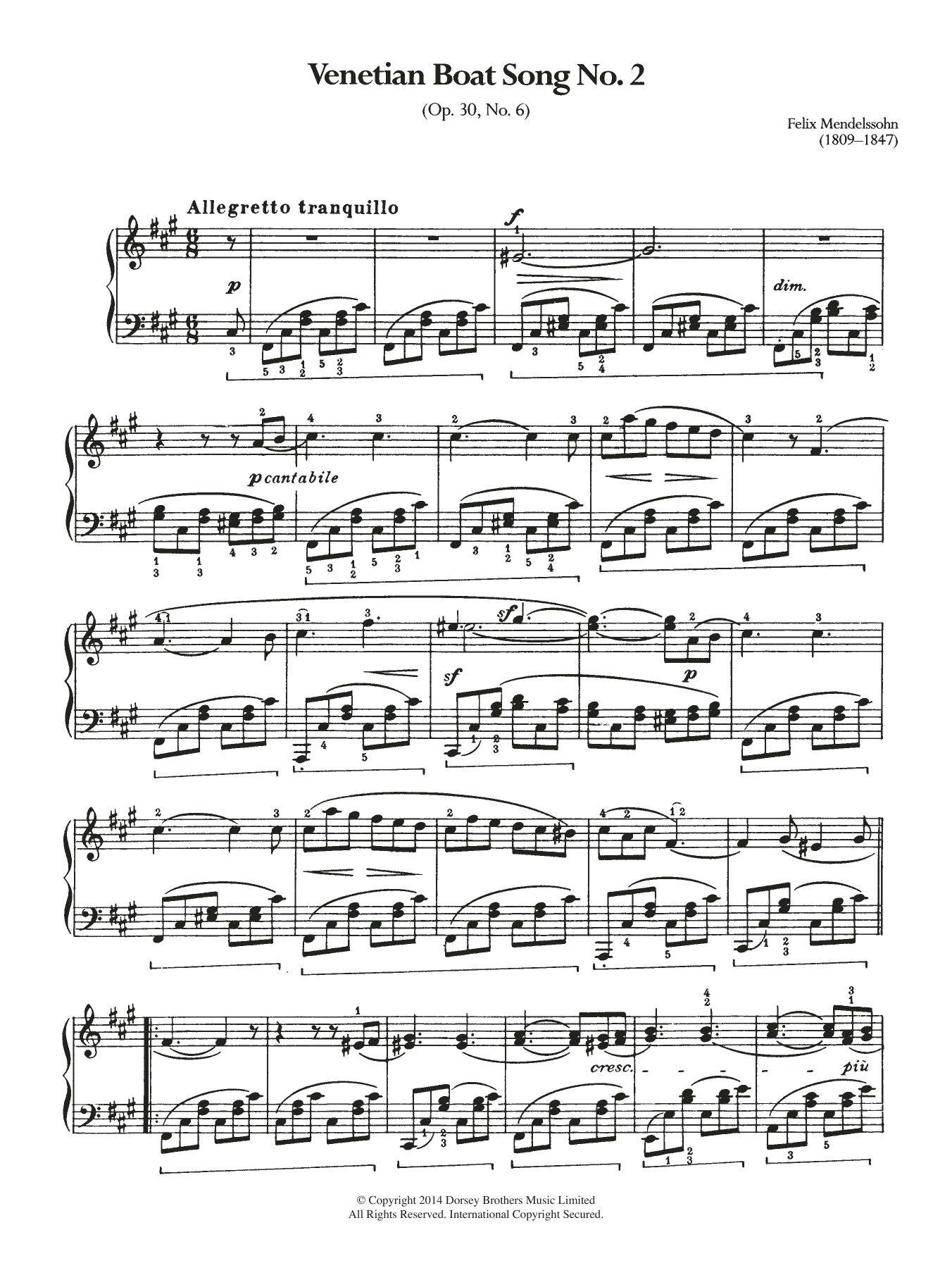 Felix Mendelssohn Venetian Boat Song No.2 sheet music notes and chords arranged for Piano Solo