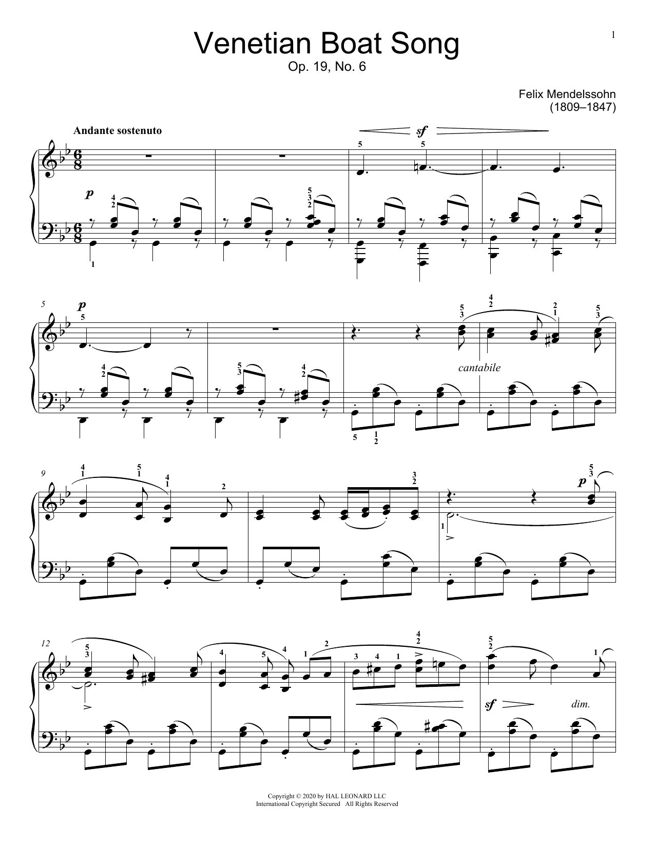 Felix Mendelssohn Venetian Boat Song, Op. 19, No. 6 sheet music notes and chords arranged for Educational Piano