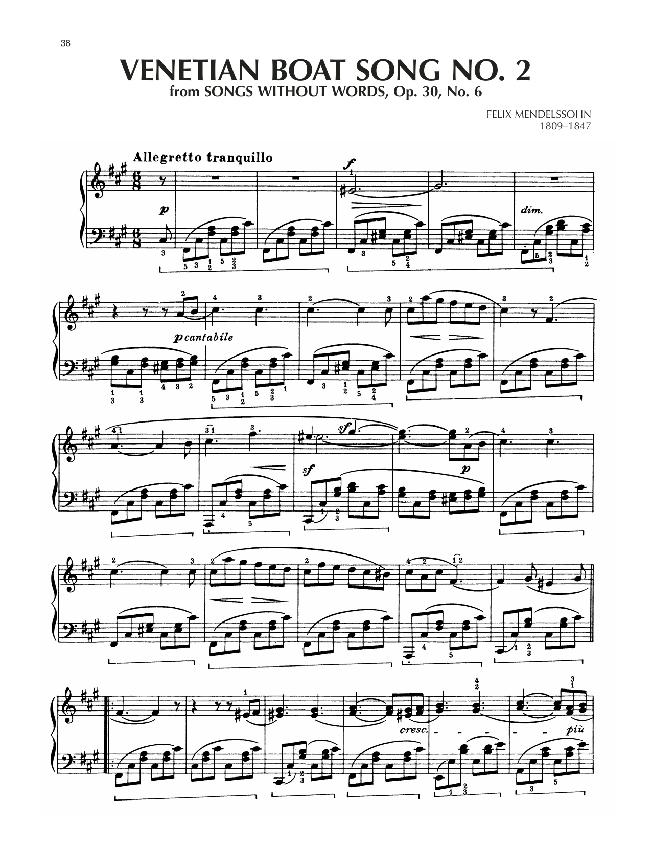Felix Mendelssohn Venetian Boat Song, Op. 30, No. 6 sheet music notes and chords arranged for Piano Solo