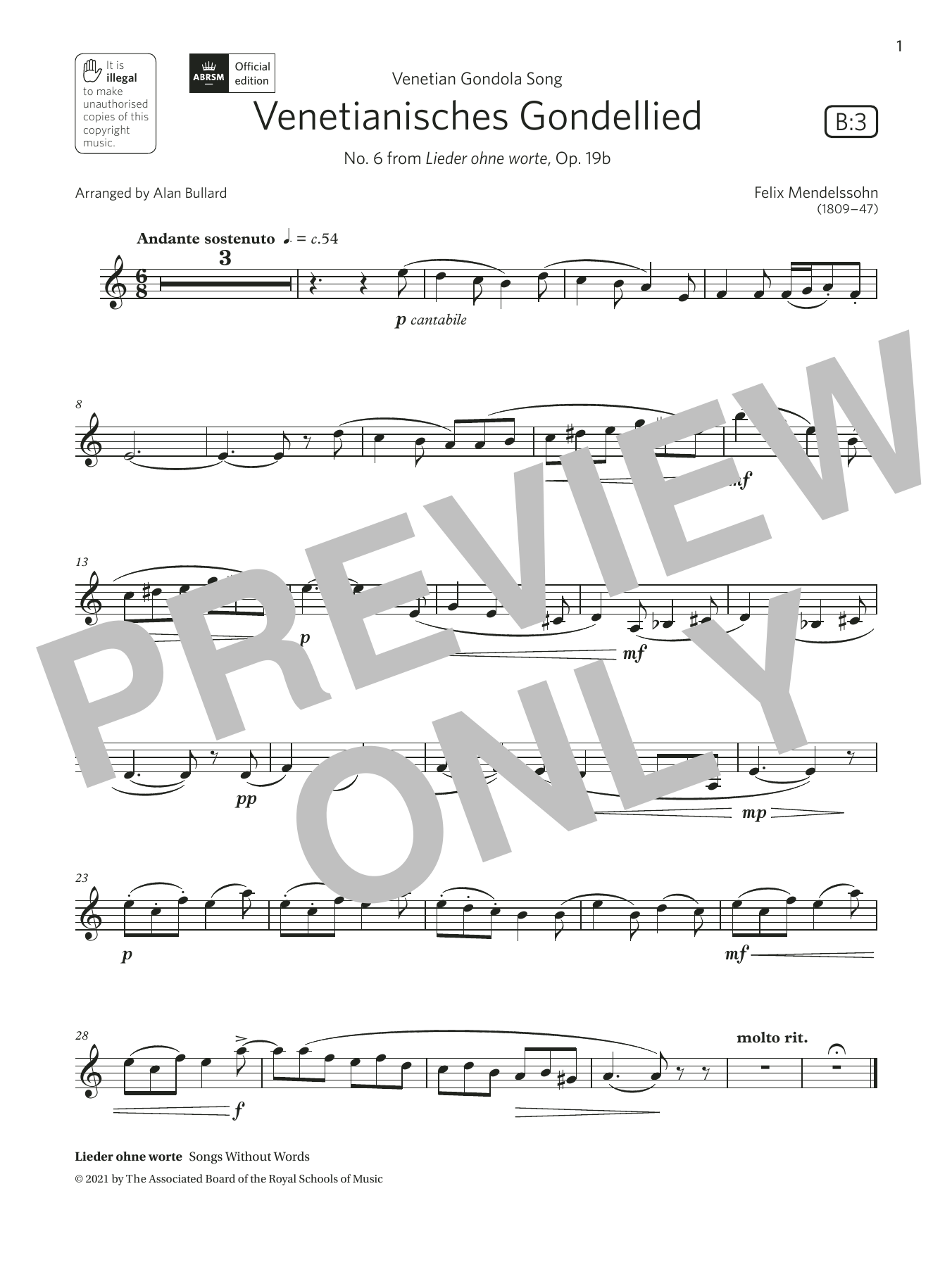 Felix Mendelssohn Venetianisches Gondellied (Grade 3 List B3 from the ABRSM Clarinet syllabus from 2022) sheet music notes and chords arranged for Clarinet Solo