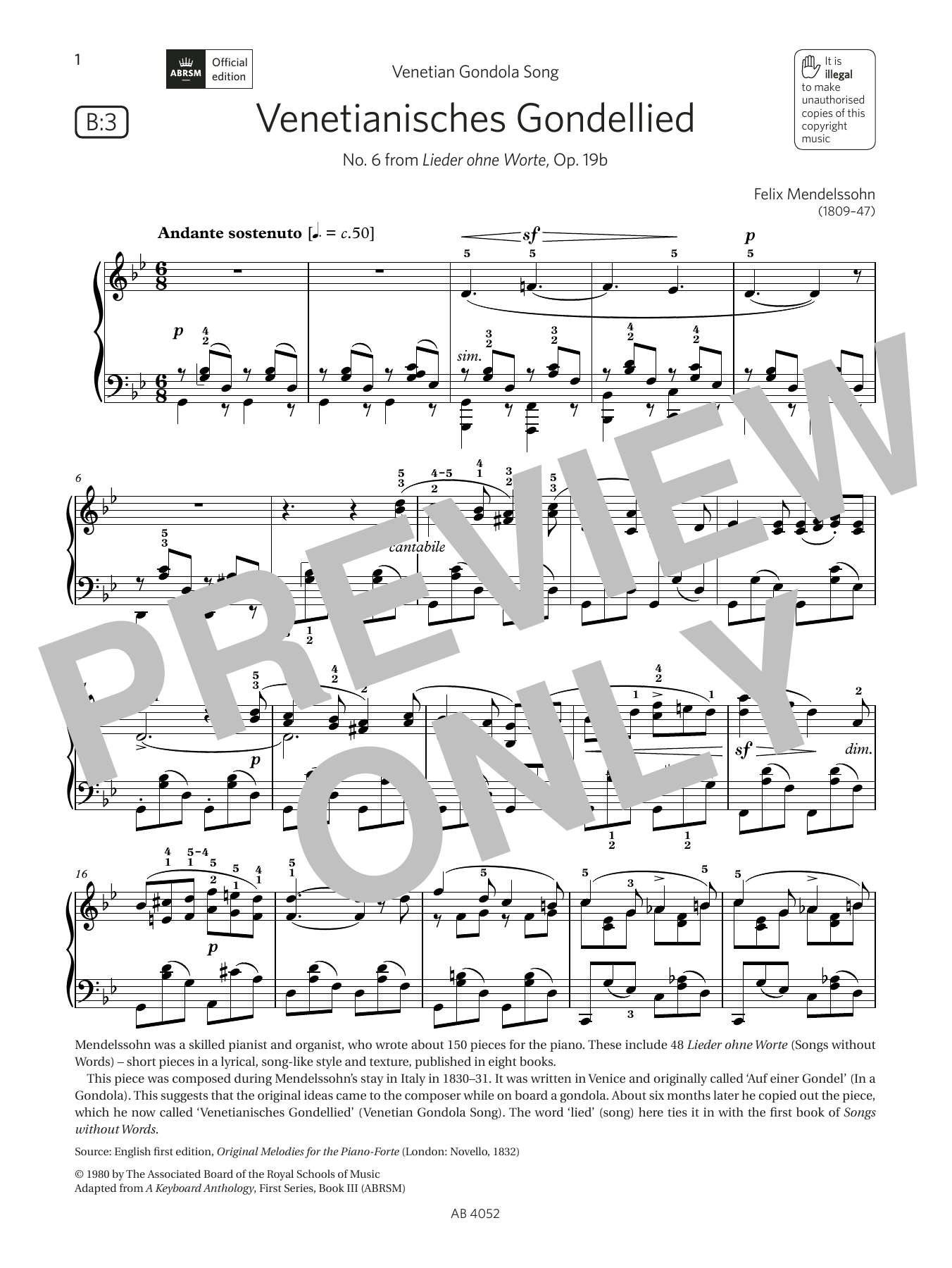 Felix Mendelssohn Venetianisches Gondellied (Grade 6, list B3, from the ABRSM Piano Syllabus 2023 & 2024) sheet music notes and chords arranged for Piano Solo