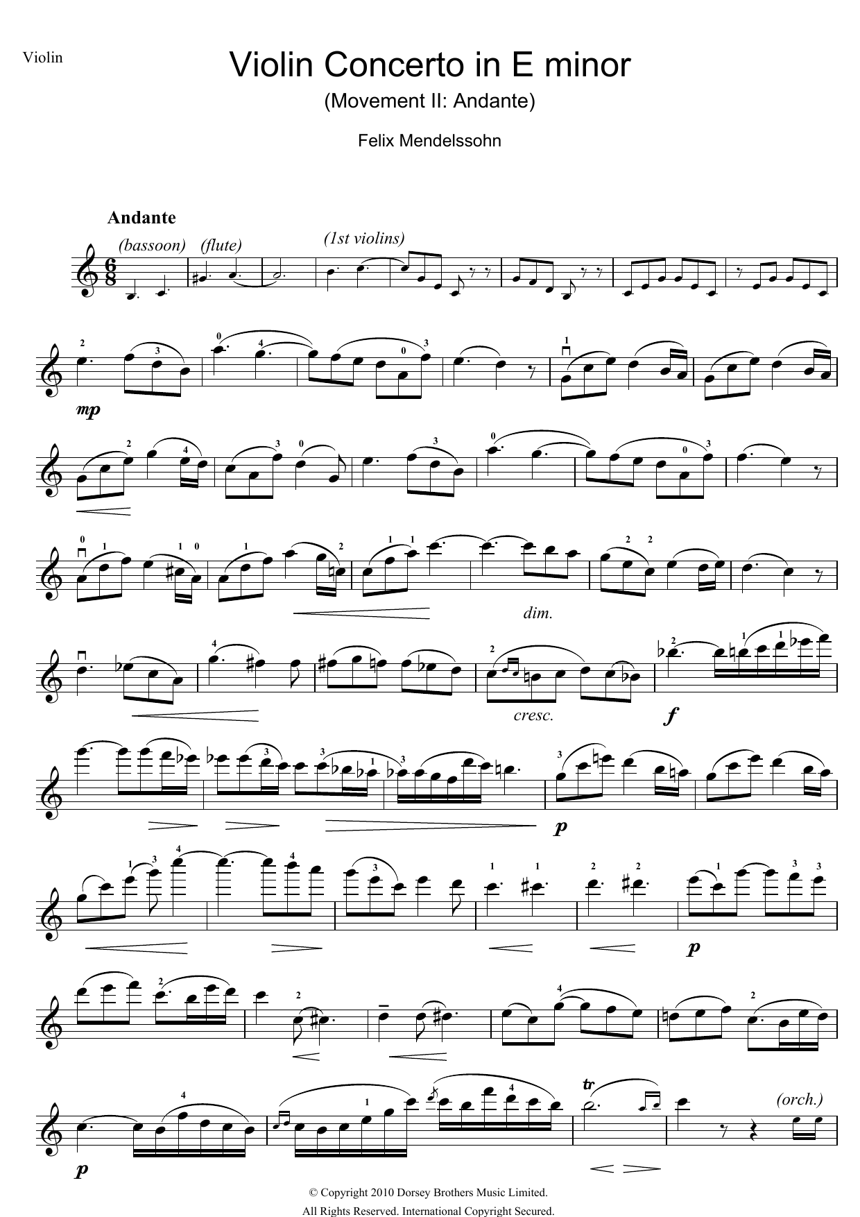 Felix Mendelssohn Violin Concerto In E Minor, 2nd Movement: Andante sheet music notes and chords arranged for Violin Solo