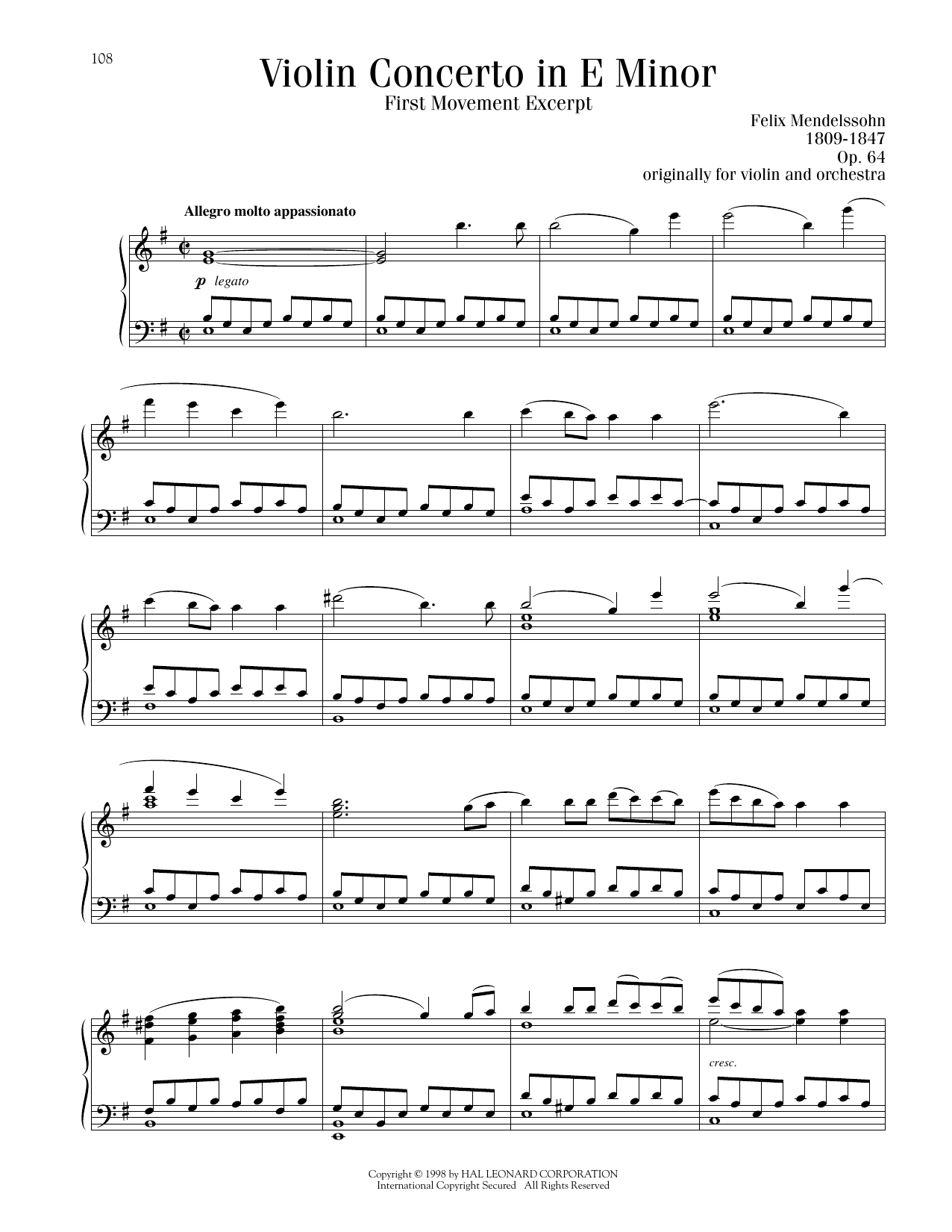 Felix Mendelssohn Violin Concerto in E Minor, First Movement Excerpt sheet music notes and chords arranged for Piano Solo
