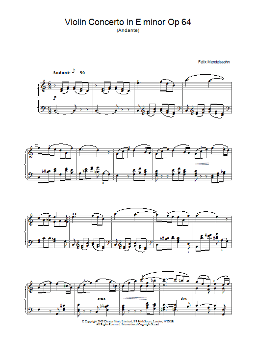 Felix Mendelssohn Violin Concerto in E minor Op 64 sheet music notes and chords arranged for Piano Solo