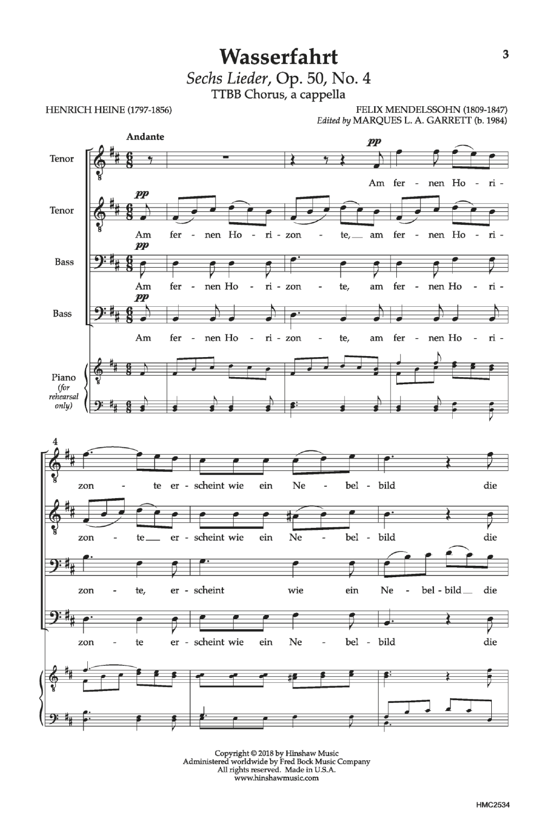 Felix Mendelssohn Wasserfahrt sheet music notes and chords arranged for Choir