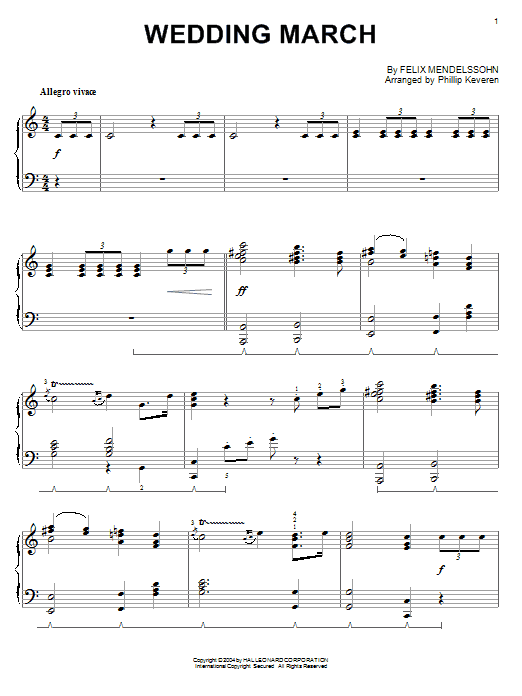 Felix Mendelssohn Wedding March (arr. Phillip Keveren) sheet music notes and chords arranged for Piano Solo