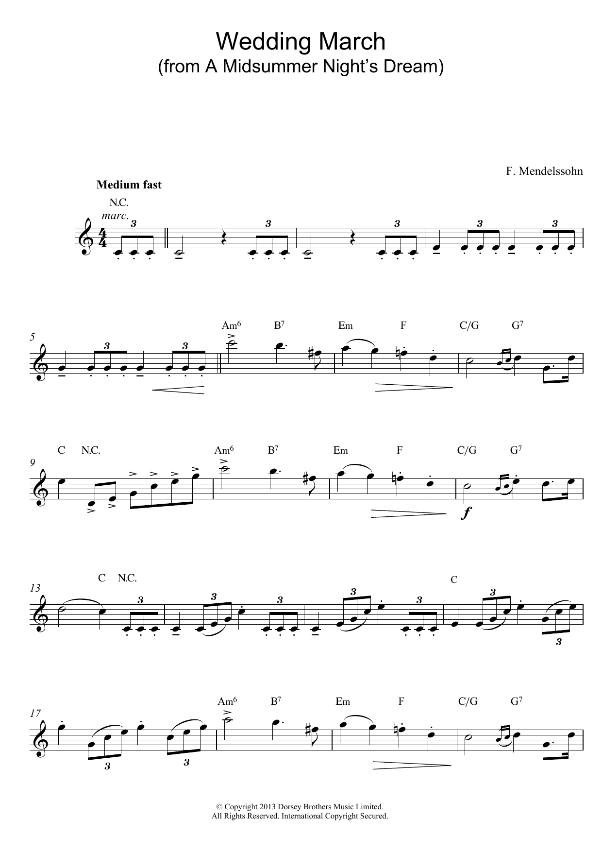 Felix Mendelssohn Wedding March (from A Midsummer Night's Dream) sheet music notes and chords arranged for Piano Chords/Lyrics