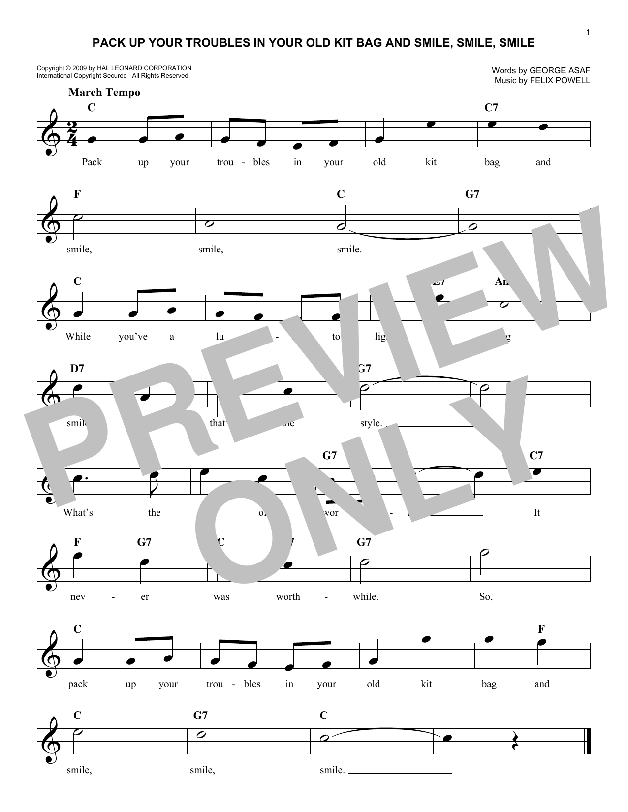 Felix Powell Pack Up Your Troubles In Your Old Kit Bag And Smile, Smile, Smile sheet music notes and chords arranged for Lead Sheet / Fake Book