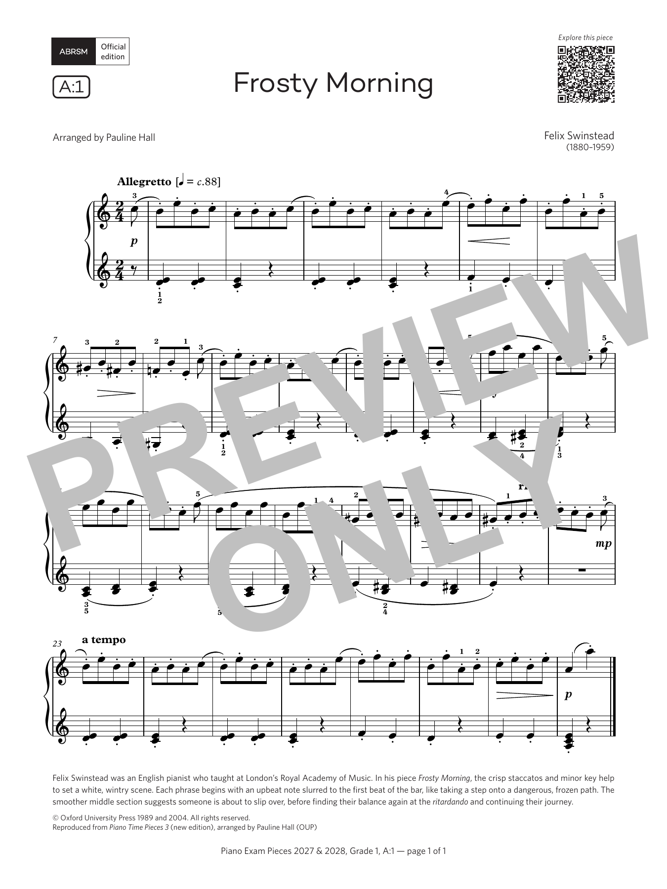 Felix Swinstead Frosty Morning (Grade 1, list A1, from the ABRSM Piano Syllabus 2027 & 2028) sheet music notes and chords arranged for Piano Solo