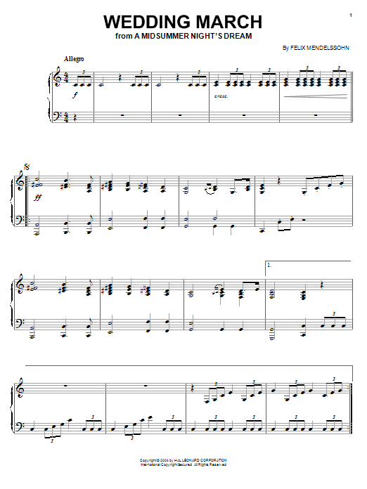 Felix Mendelssohn Wedding March sheet music notes and chords. Download Printable PDF.