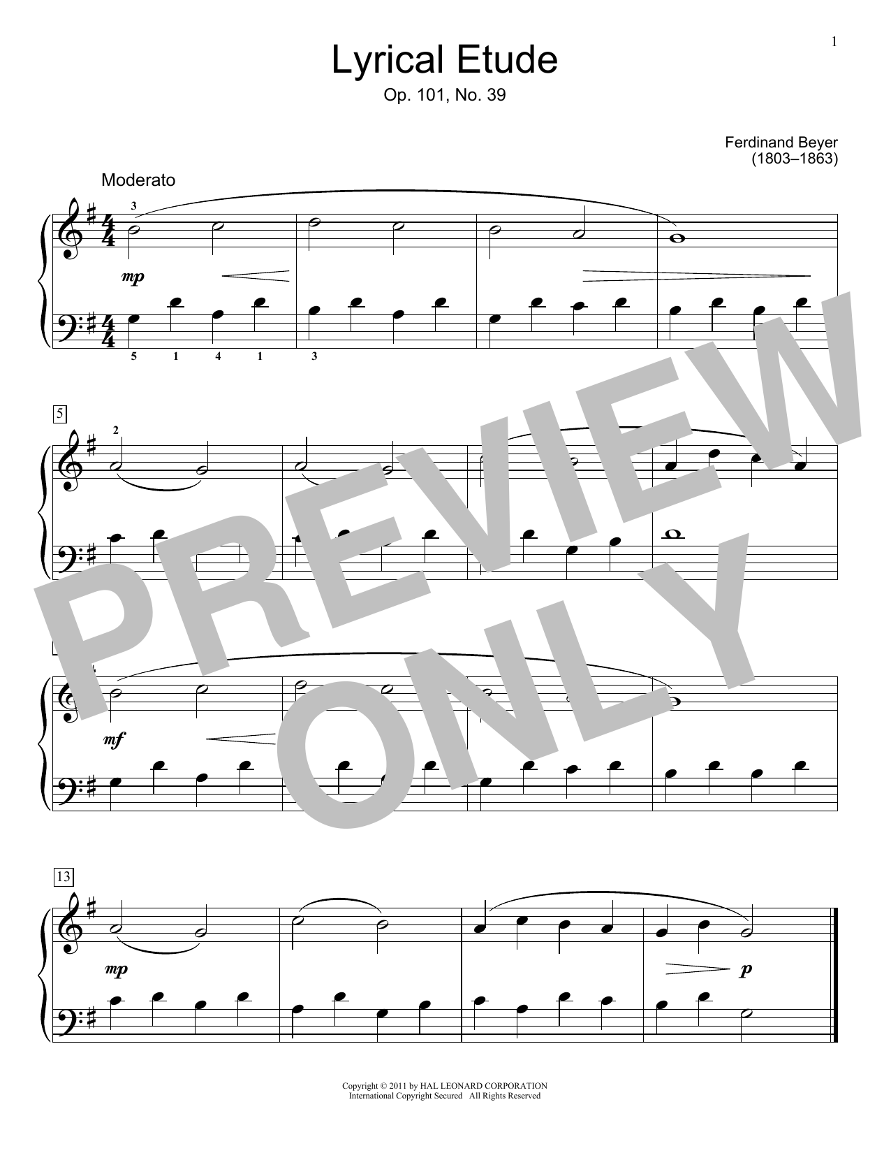 Ferdinand Beyer Lyrical Etude sheet music notes and chords arranged for Educational Piano
